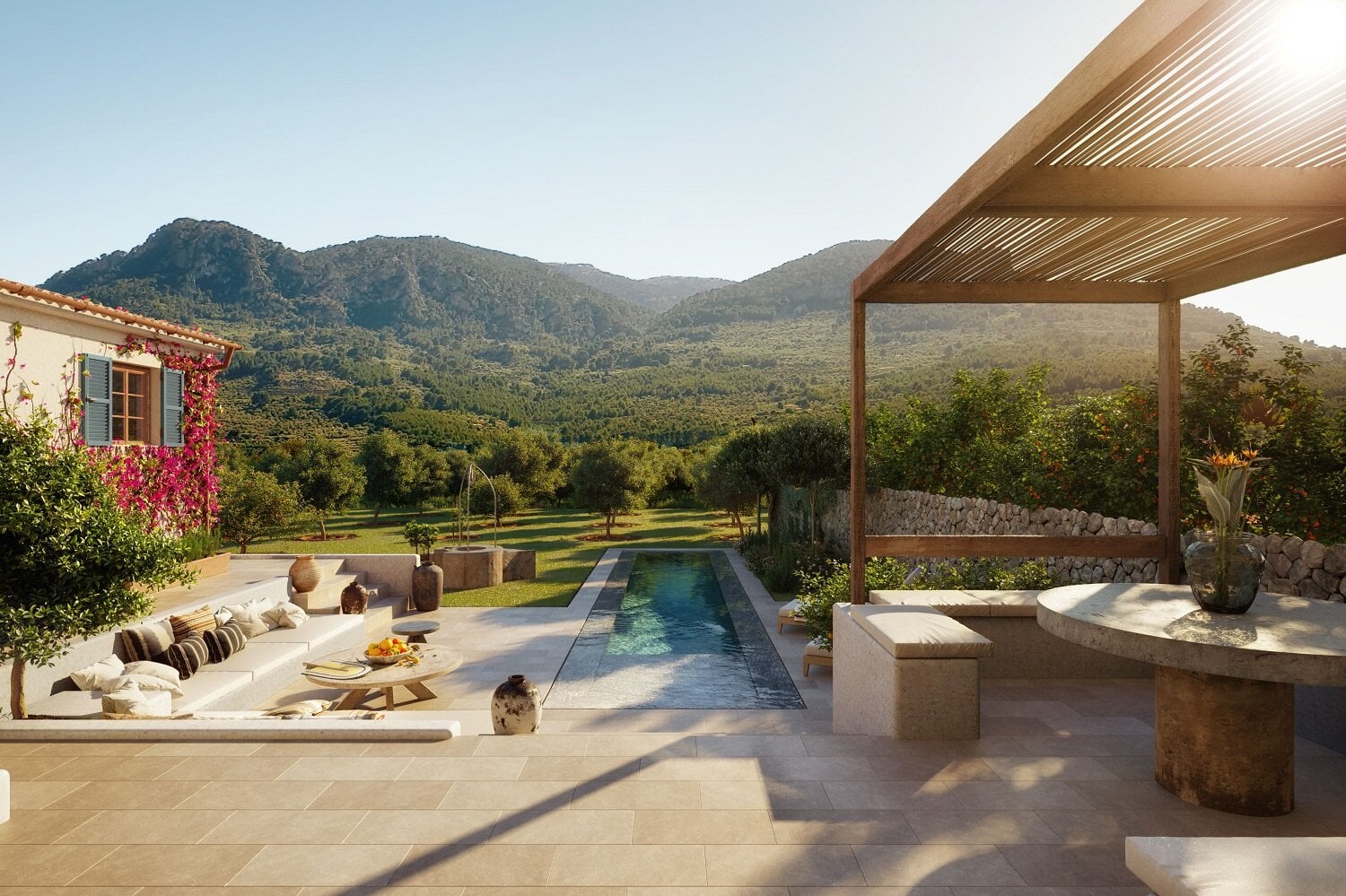 Canoneta Townhouse | Berrow Projects — Canoneta Townhouse — Limestone terrace with lap pool, wooden pergola, and mountain valley views, blending Mediterranean architecture with contemporary minimalist design.