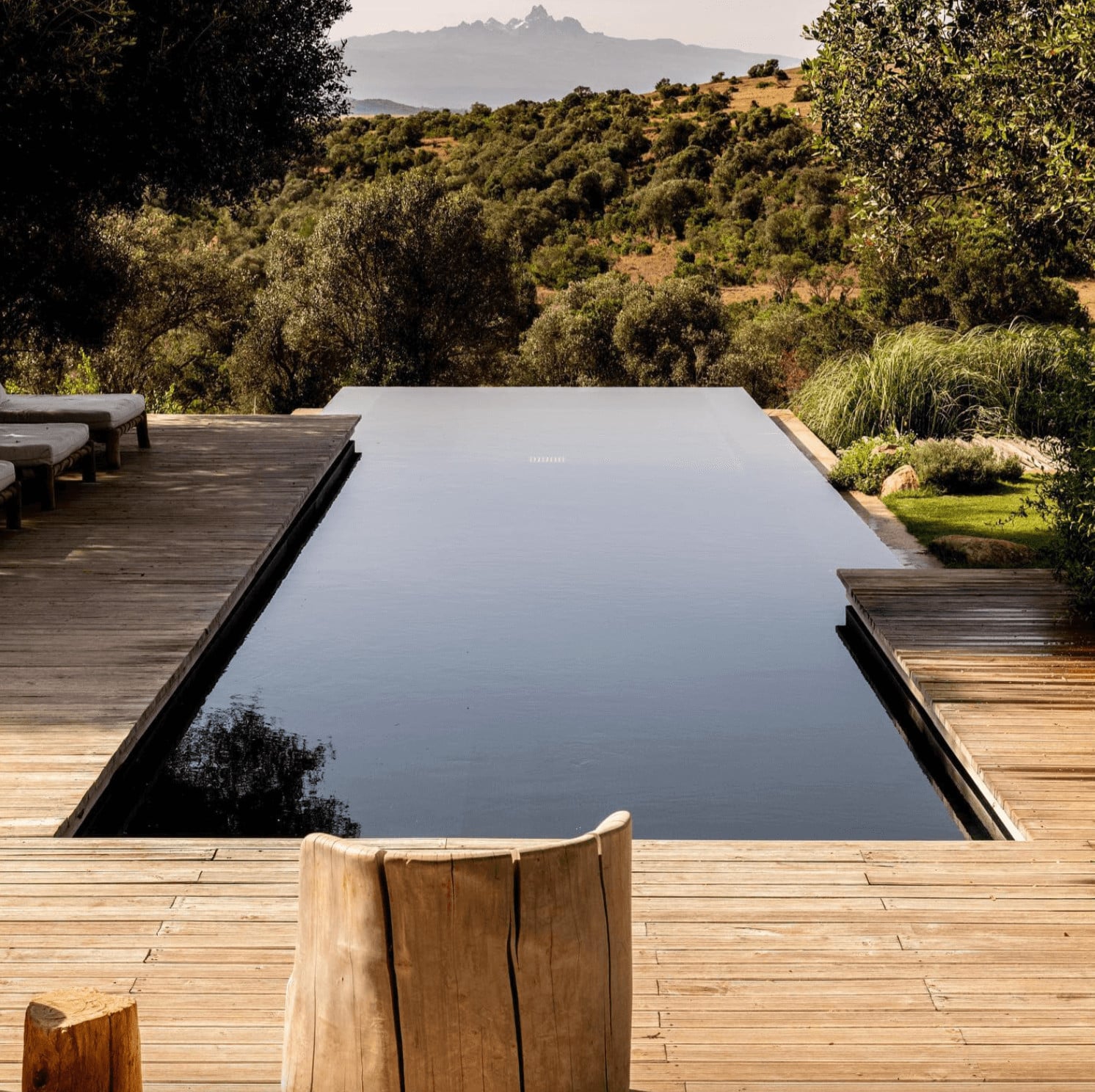 Arijiju Retreat, Africa — Infinity pool with wooden deck overlooking olive groves and distant mountains, minimalist luxury design with natural landscape integration.