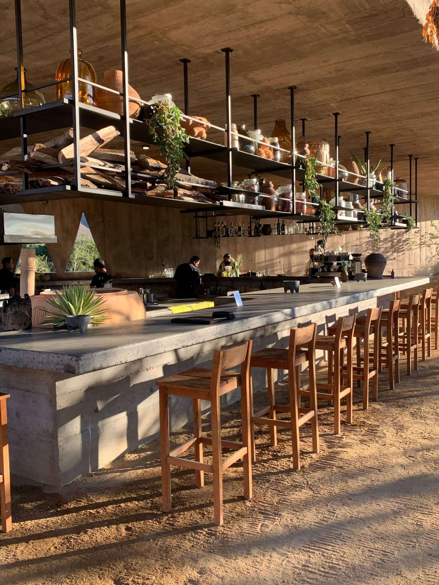 Paradero Todos Santos, Mexico — Concrete bar counter with wood stools beneath suspended shelving under raw timber ceiling, morning light casting shadows across desert-toned interior.