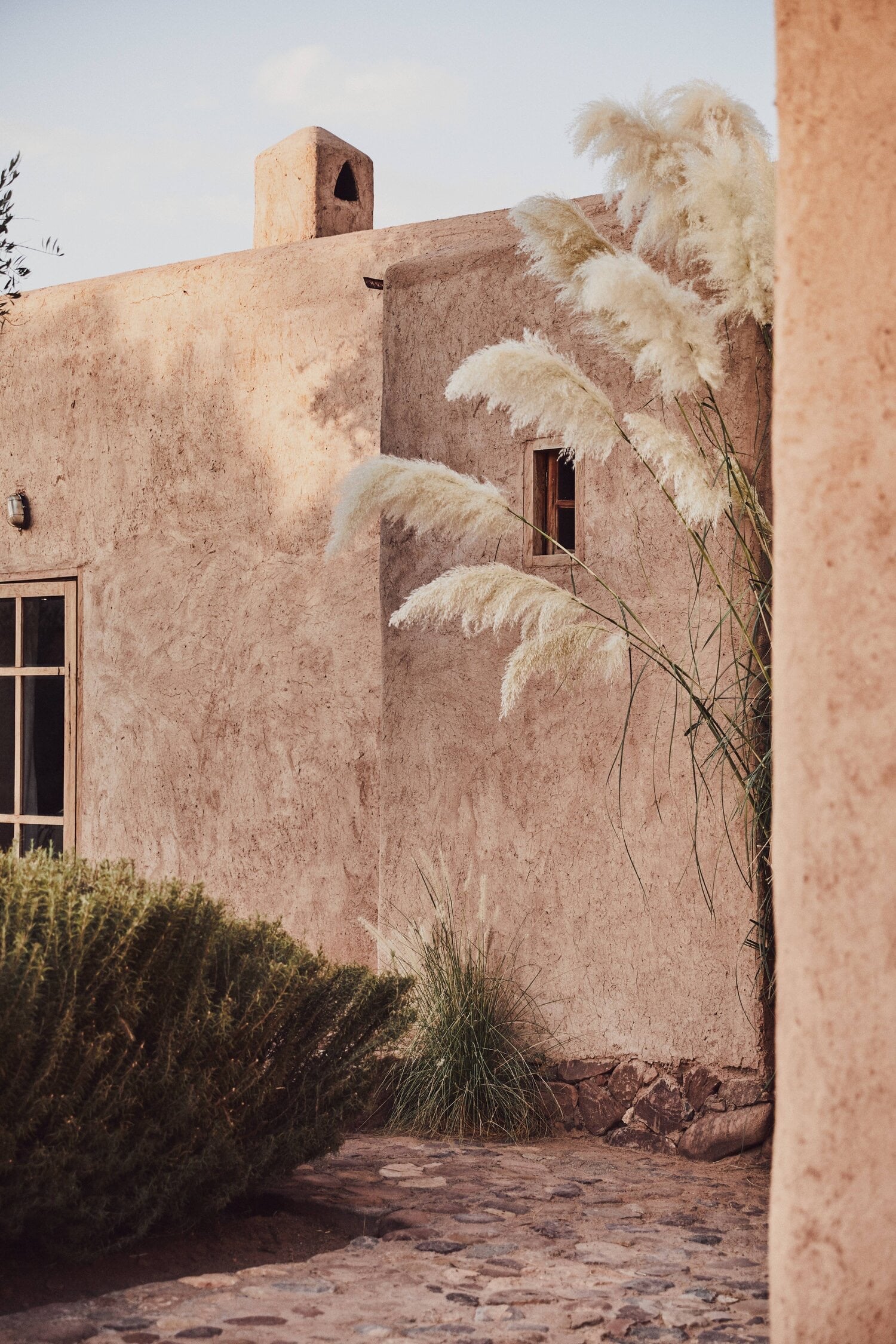 Berber Lodge, Africa — Terracotta mud-brick architecture with carved wooden doors, pampas grass, and minimalist desert courtyard in warm natural light.