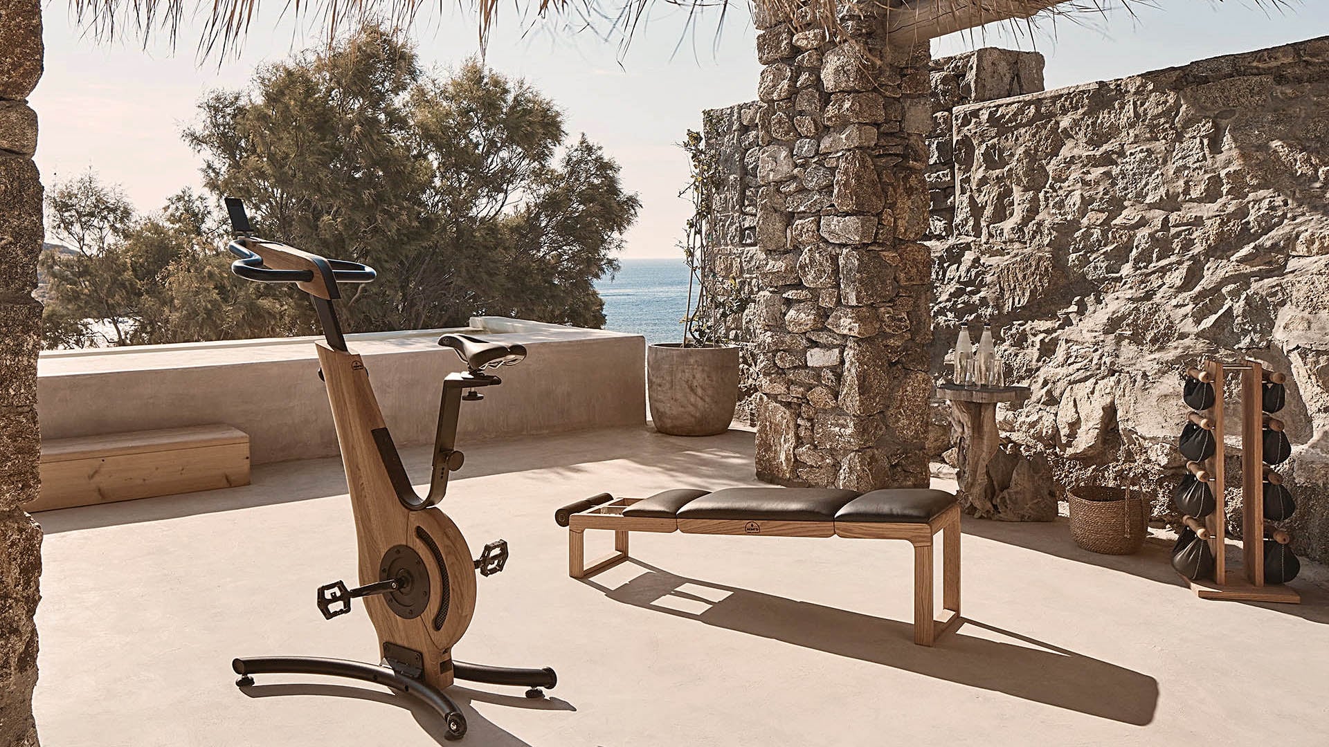 The Wild, Europe — Wooden stationary bike and bench on terrace with stone ruins, sea view, and palm trees in Mediterranean coastal setting.
