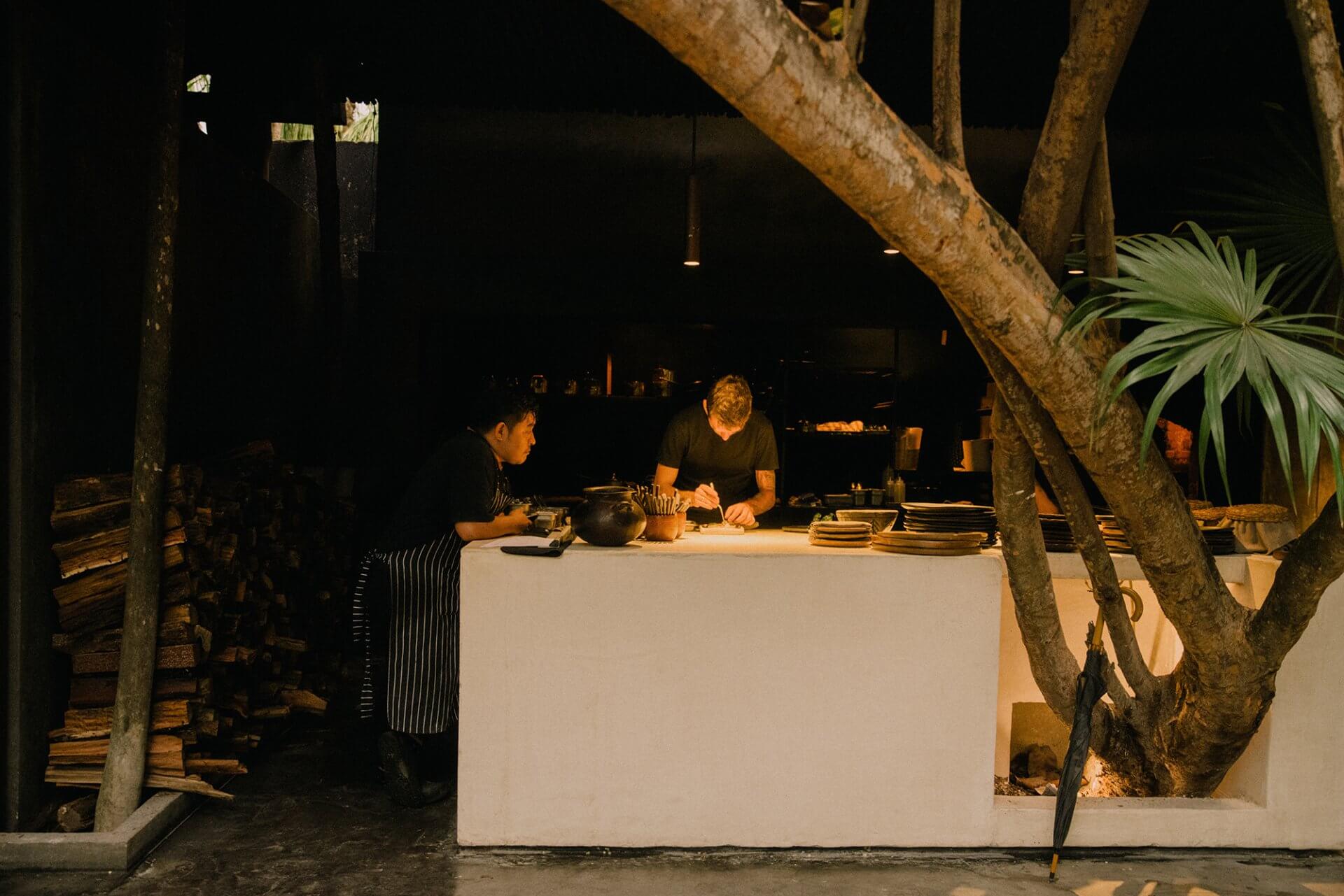Tulum Treehouse, Mexico — Open-air kitchen counter beneath ancient tree at night, warm ambient lighting, minimalist design with ceramic vessels and plated service.