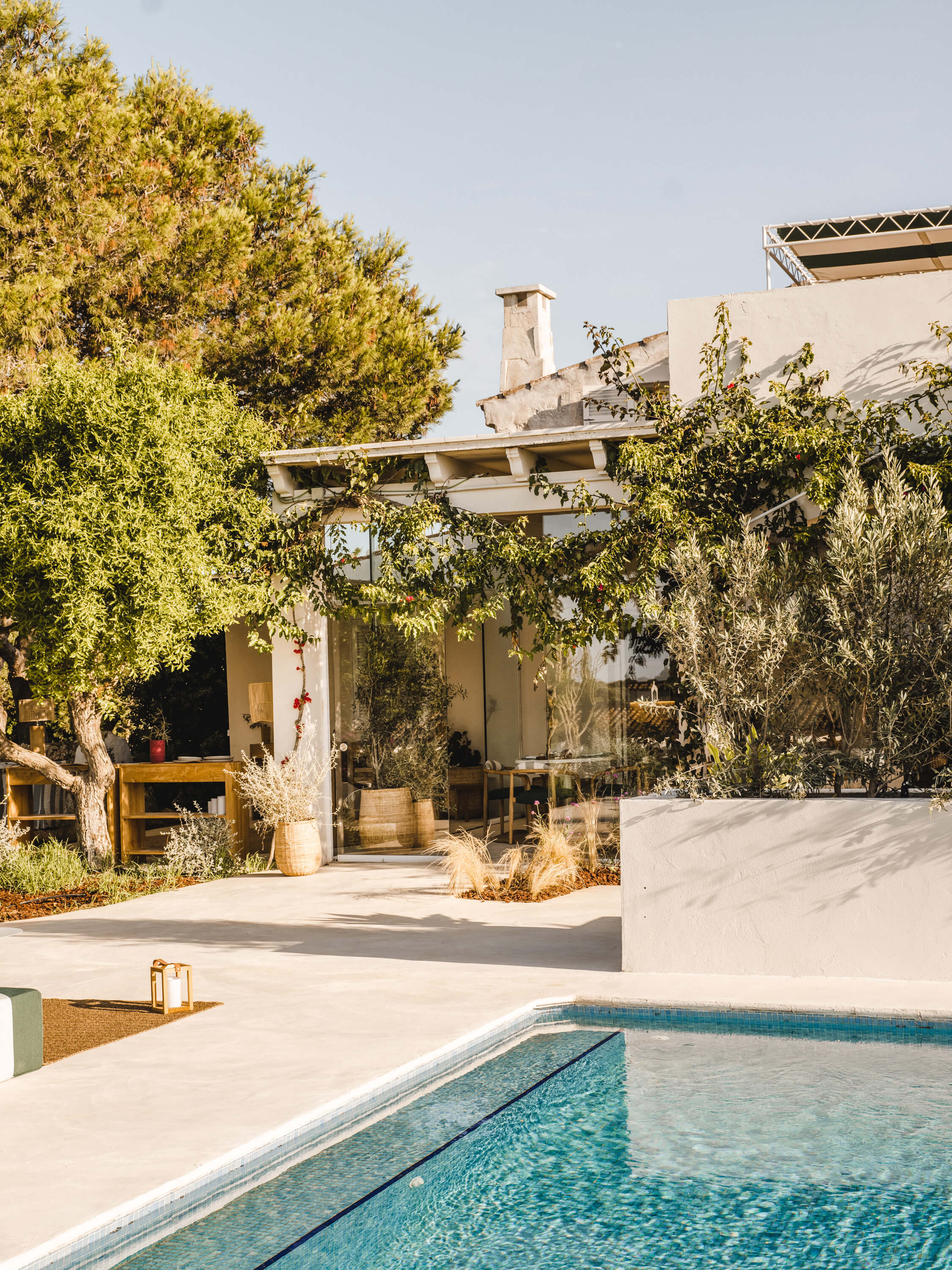 Morvedra Nou, Balearic Islands — Contemporary poolside terrace with limestone paving, olive trees, pergola structure, and modernist architecture in warm afternoon light.