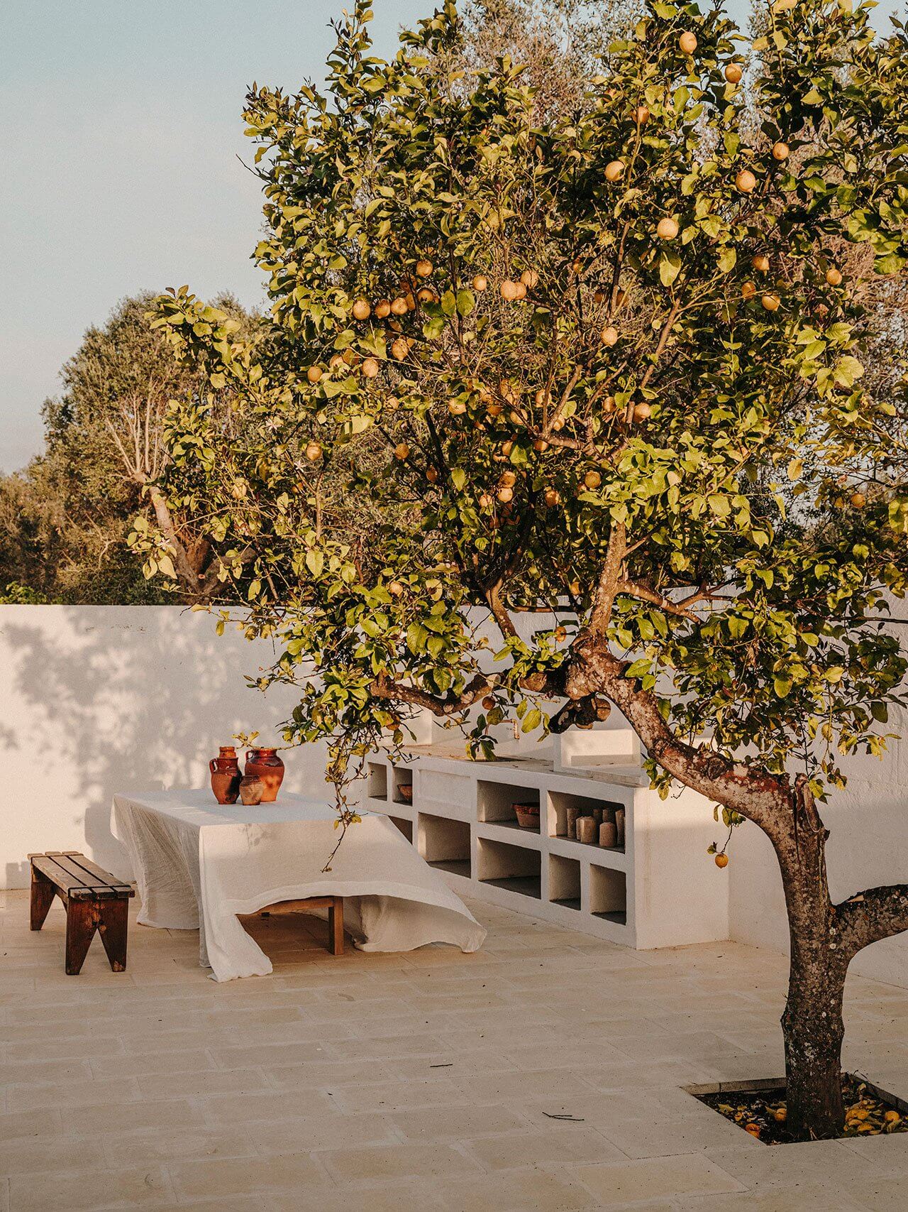 Borgo Gallana, Europe — Fruit tree casting dappled shadow on whitewashed courtyard with linen-draped table and built-in stone shelving.