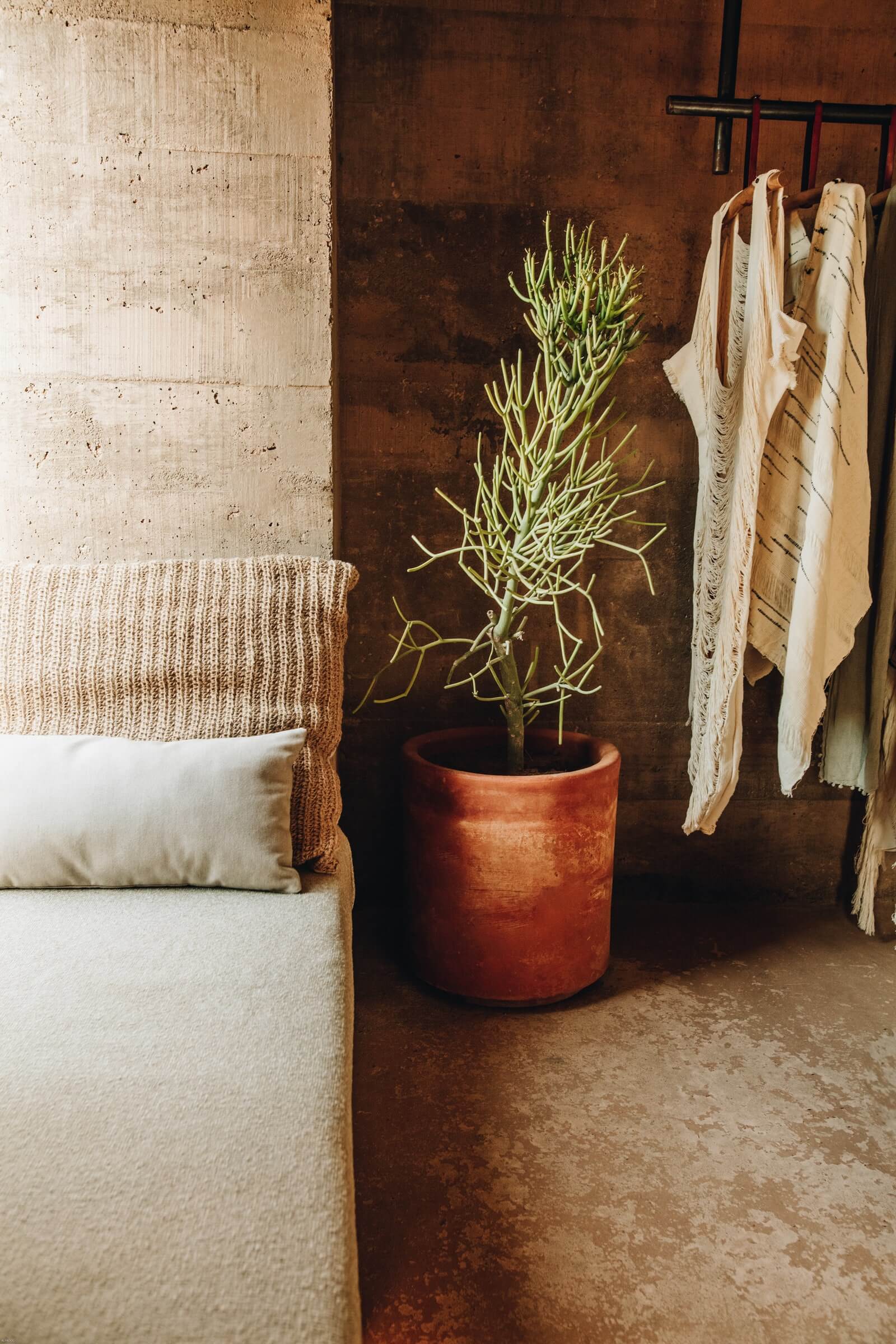 Paradero Todos Santos, Mexico — Terracotta plant pot with dried grass beside linen armchair and hanging textiles against weathered rust-colored wall.