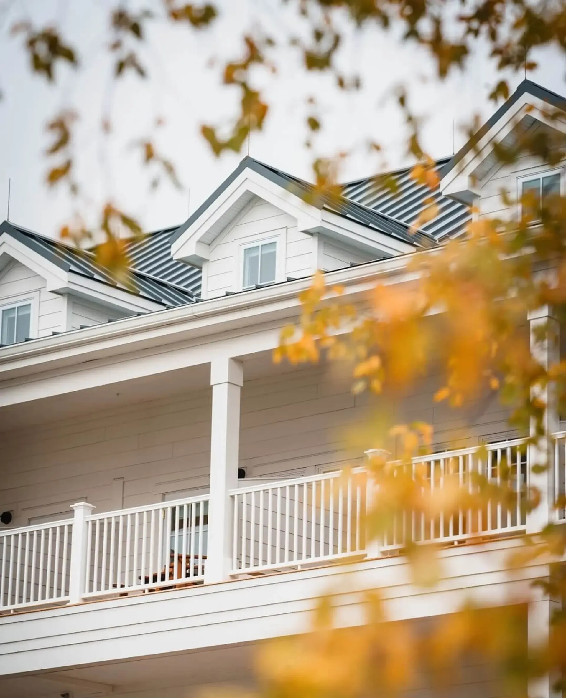 The Lake House, North America — Modern white farmhouse with dark metal roof and white railing, autumn foliage in foreground, soft natural light.