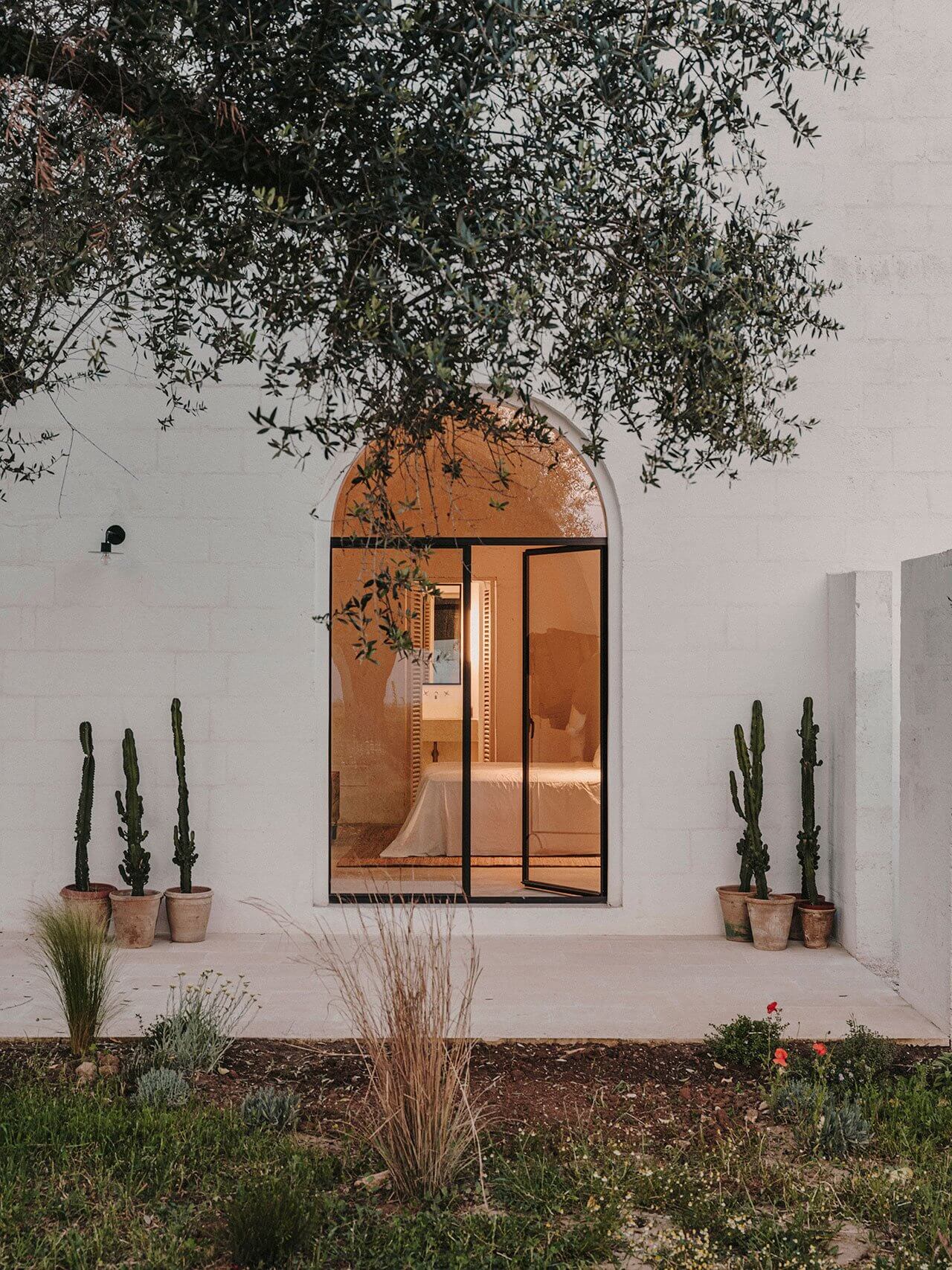 Borgo Gallana, Europe — Minimalist courtyard with arched glass doorway, terracotta interior, potted cacti, cascading olive branches overhead, warm Mediterranean light.