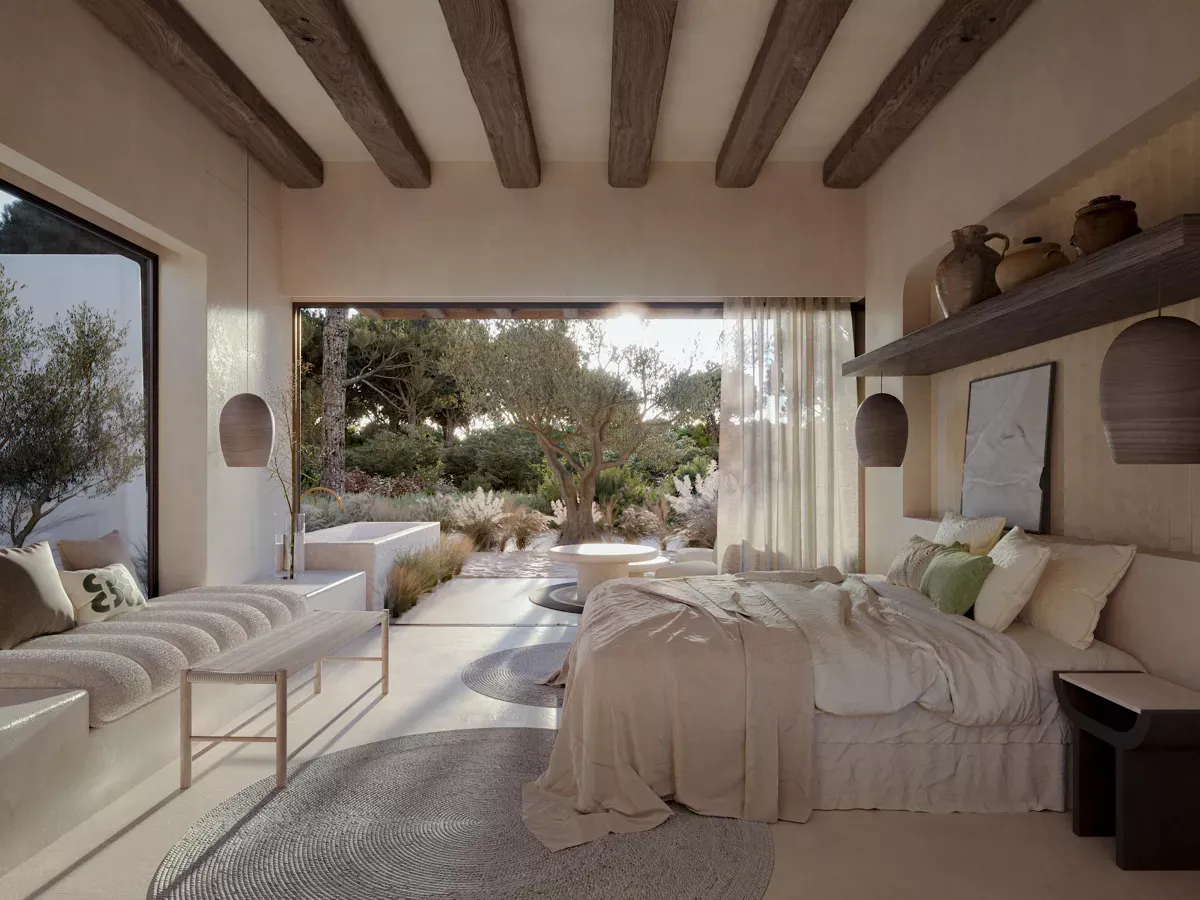 NUMA Comporta, Portugal — Serene bedroom with exposed wooden beams, cream linens, pendant lights, and expansive garden views through floor-to-ceiling windows overlooking olive trees.