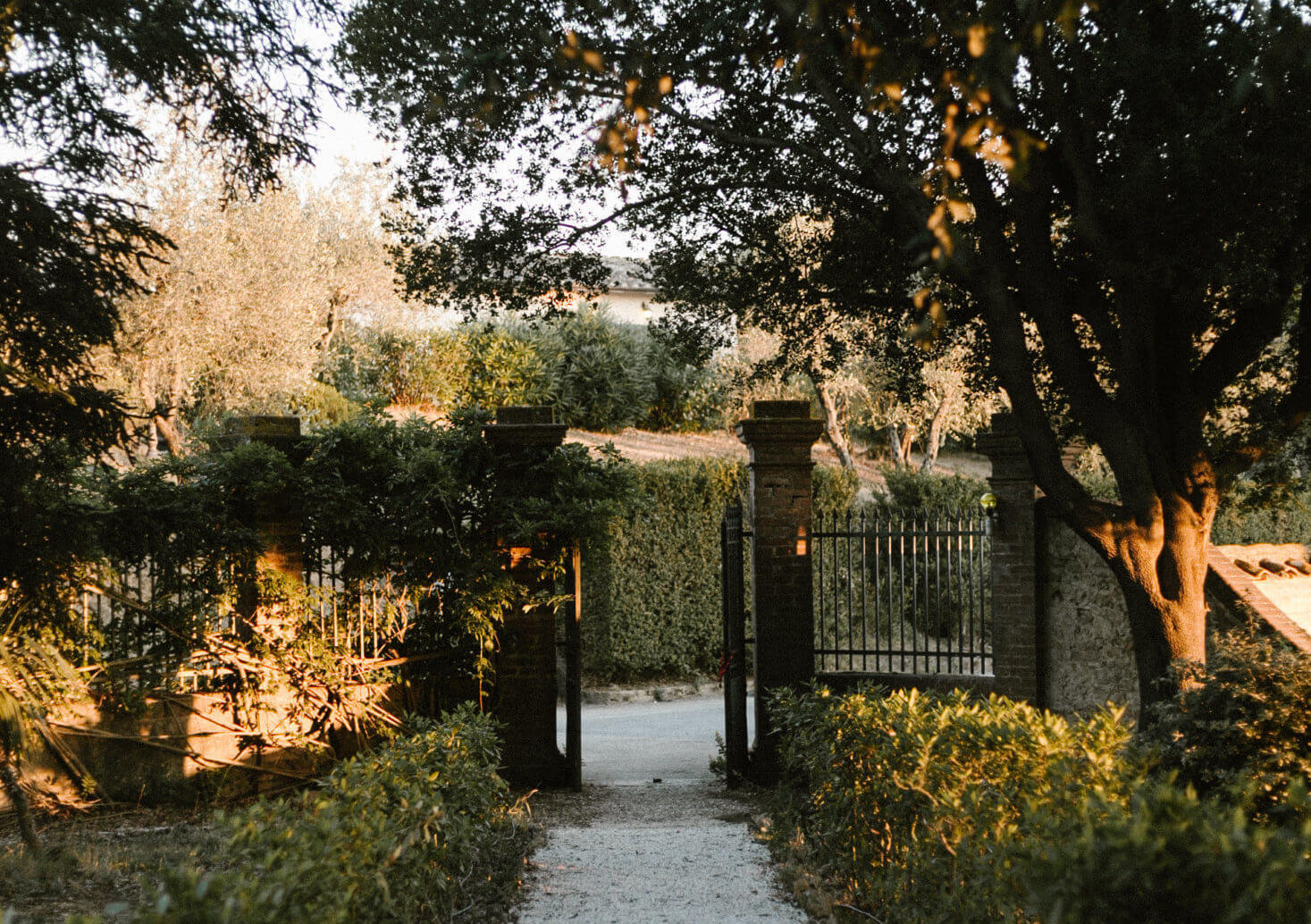 Villa Lena, Europe — Stone gateposts and wrought-iron gate framed by mature trees, gravel pathway leading through Mediterranean garden with warm afternoon light.