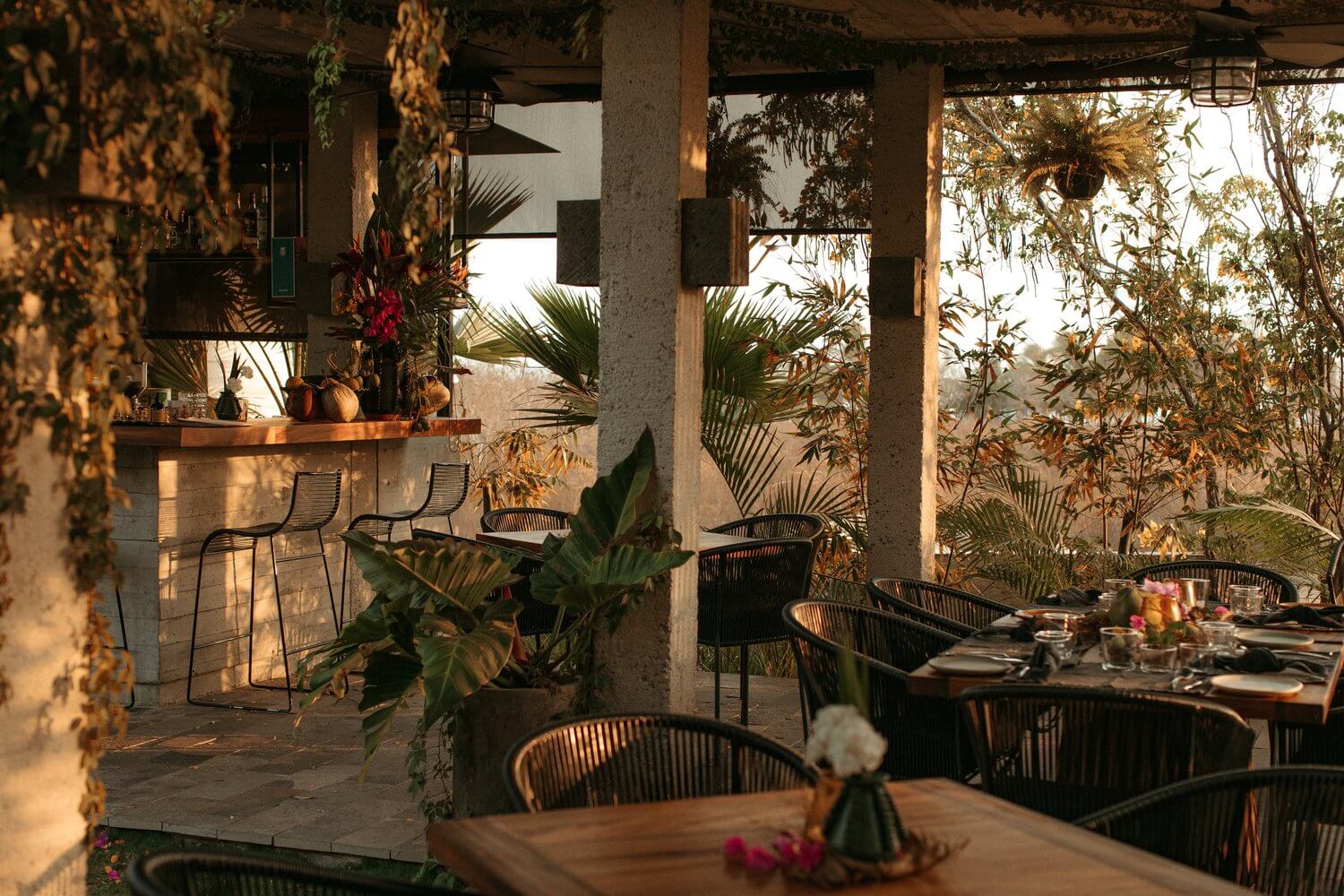 Hotelito MUSA, Mexico — Open-air dining pavilion with concrete columns, woven rattan chairs, tropical plants, and golden-hour light filtering through vegetation.