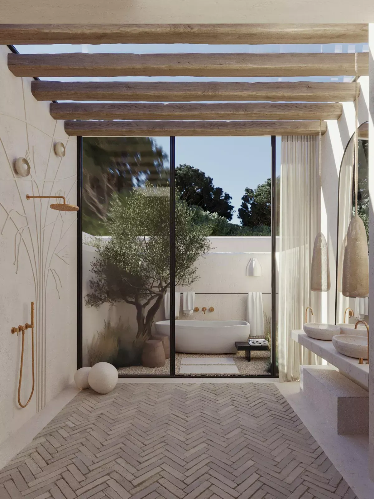 NUMA Comporta, Portugal — Minimalist bathroom with wooden beam ceiling, herringbone tile flooring, olive tree courtyard view through glass doors, terrazzo sinks, brass fixtures, neutral palette.