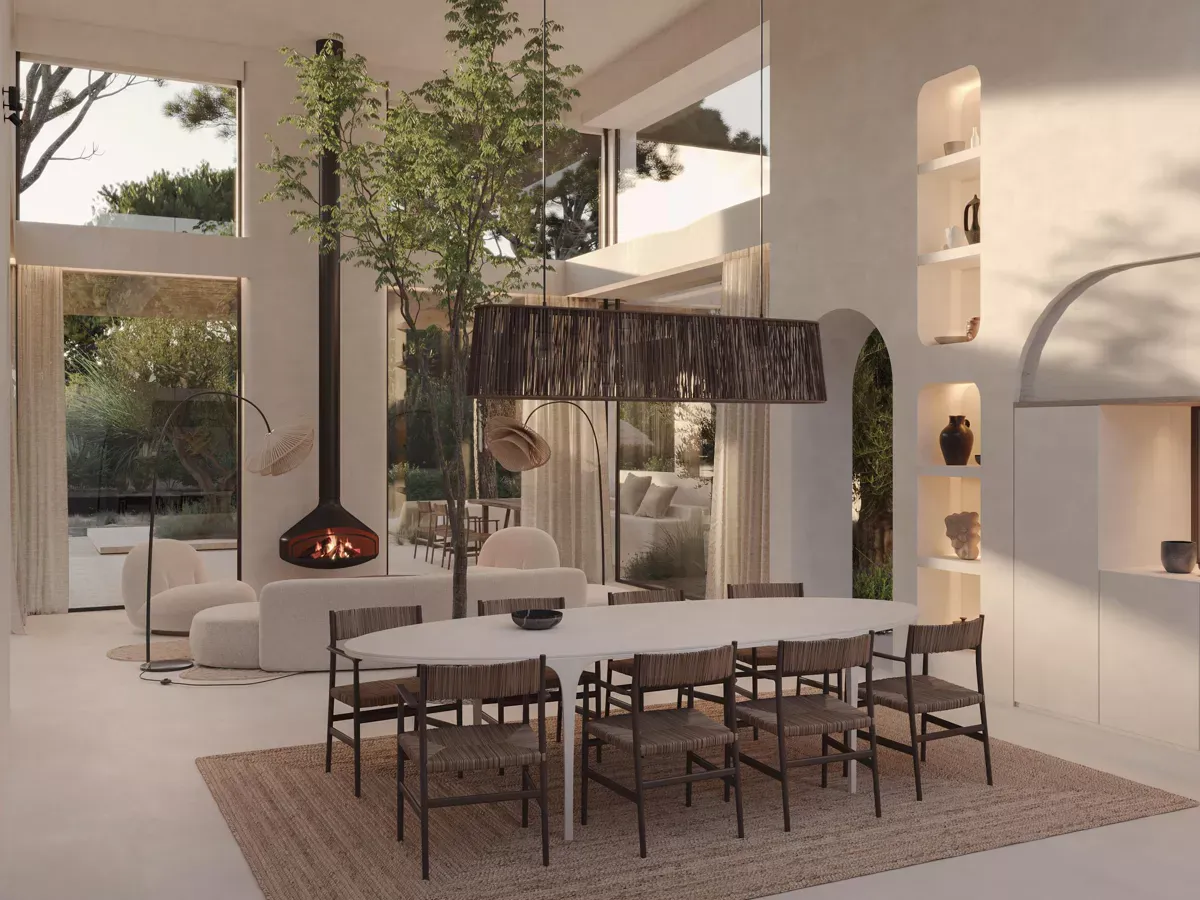 NUMA Comporta, Portugal — Modern dining space with suspended fireplace, white oak table, woven chairs, floor-to-ceiling glazing, hanging plants, sculptural shelving, Mediterranean light.