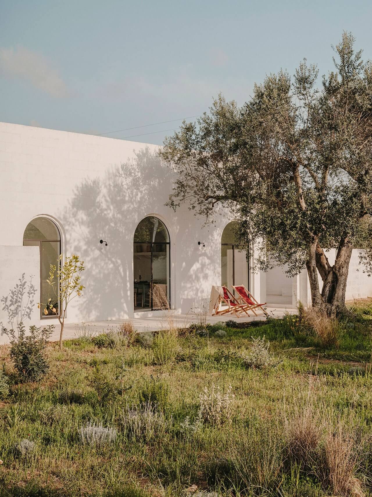 Borgo Gallana, Europe — Minimalist whitewashed villa with arched windows, olive trees casting shadows on facade, striped loungers on terrace, Mediterranean landscape.