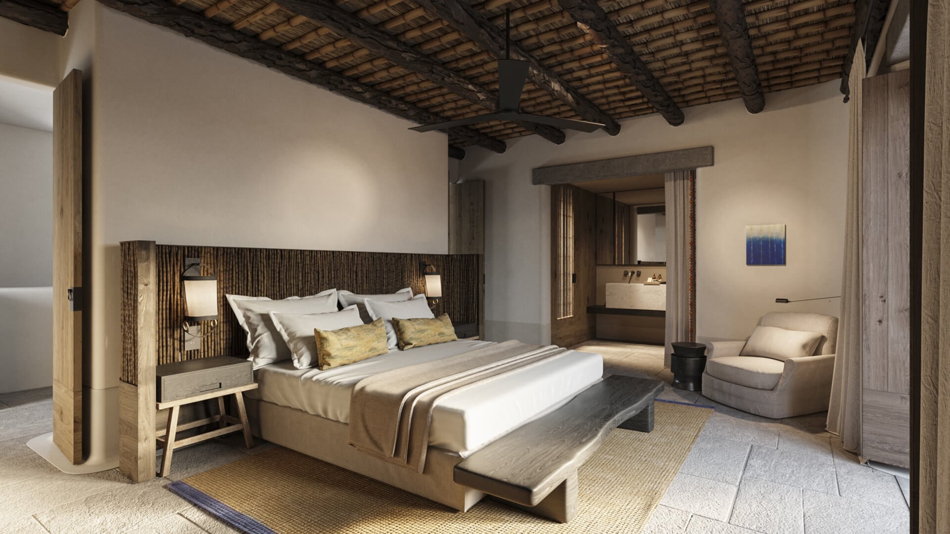 Kalesma, Europe — Luxury bedroom with exposed timber ceiling, textured headboard, golden accent pillows, natural light, ensuite bathroom, contemporary minimalist design.