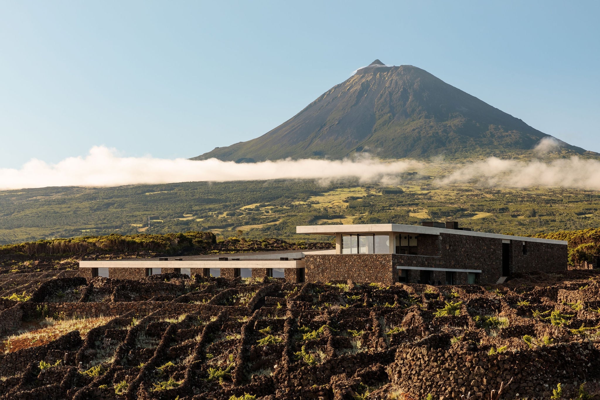 Azores Wine Company, Europe — Modern volcanic stone residence overlooking terraced vineyards with Pico volcano and mist-laden landscape under clear sky.