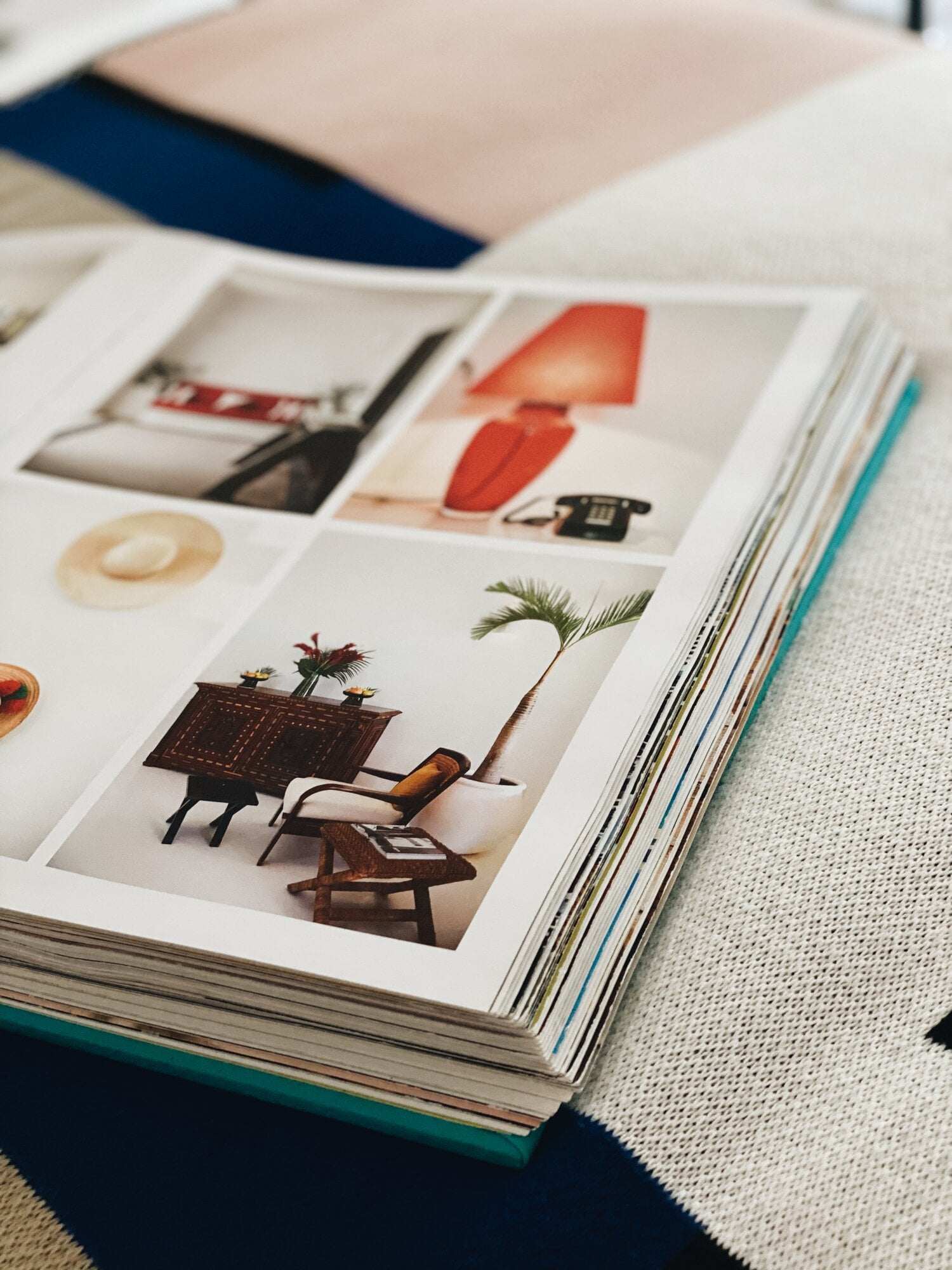 Hotel Esencia, Mexico — Open design portfolio displaying mid-century furniture, tropical plants, and vintage decor inspiration on cream linen surface.