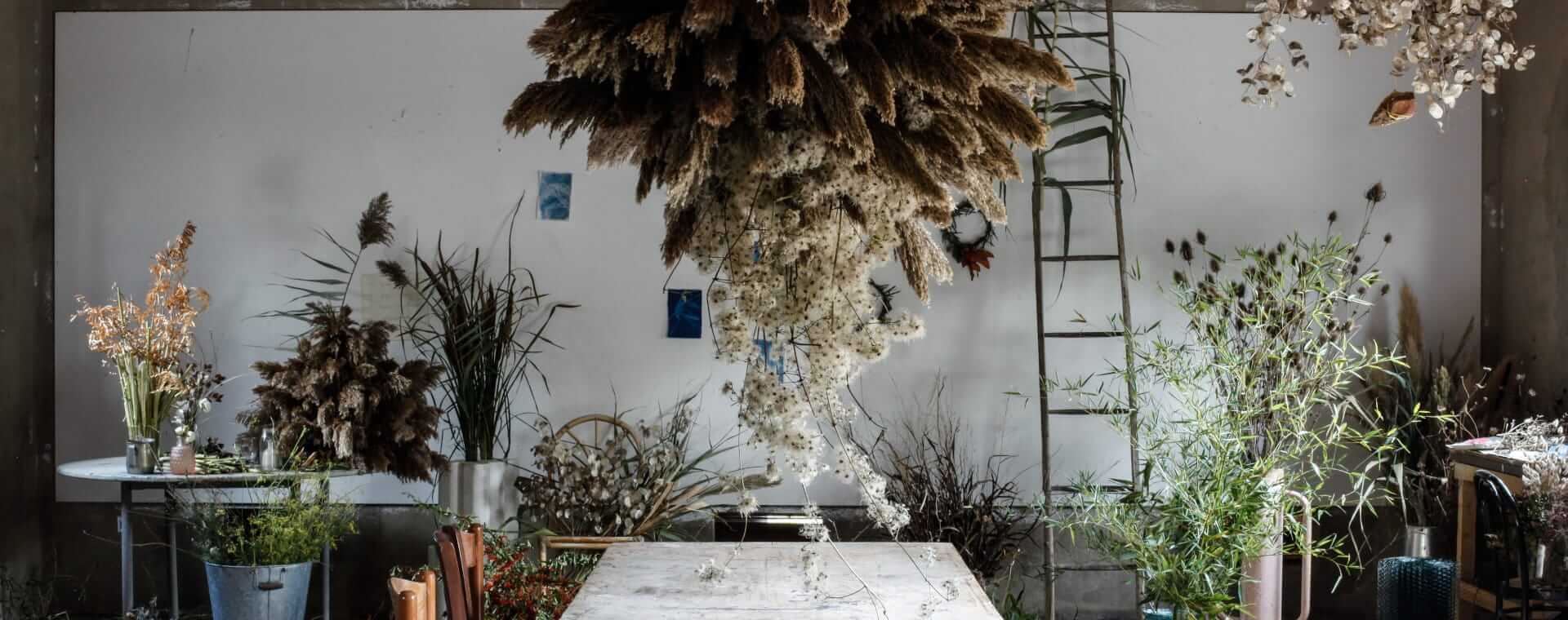 Wine Tasting, Europe — Industrial studio with dried botanical installations, metal ladder, concrete table, and white wall backdrop for creative hospitality events.
