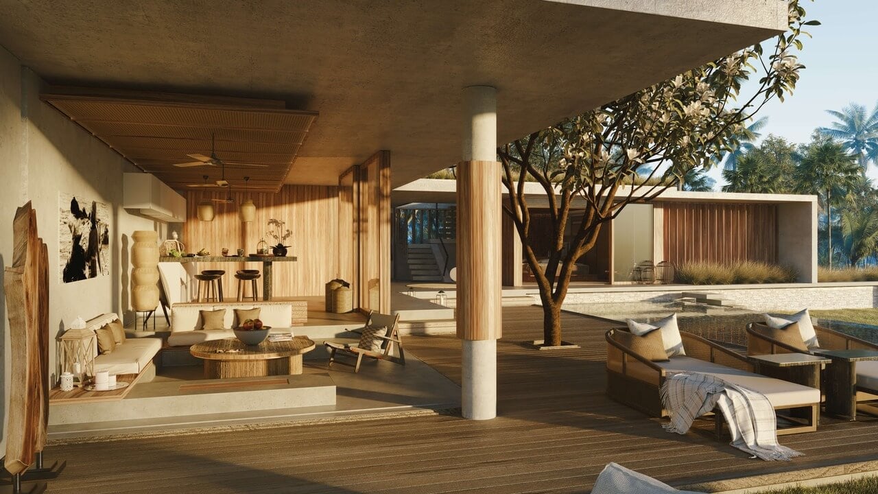 Cap Karoso, Asia — Open-air pavilion with wooden decking, concrete canopy, natural materials, lounge seating, and manicured landscaping overlooking tropical grounds.