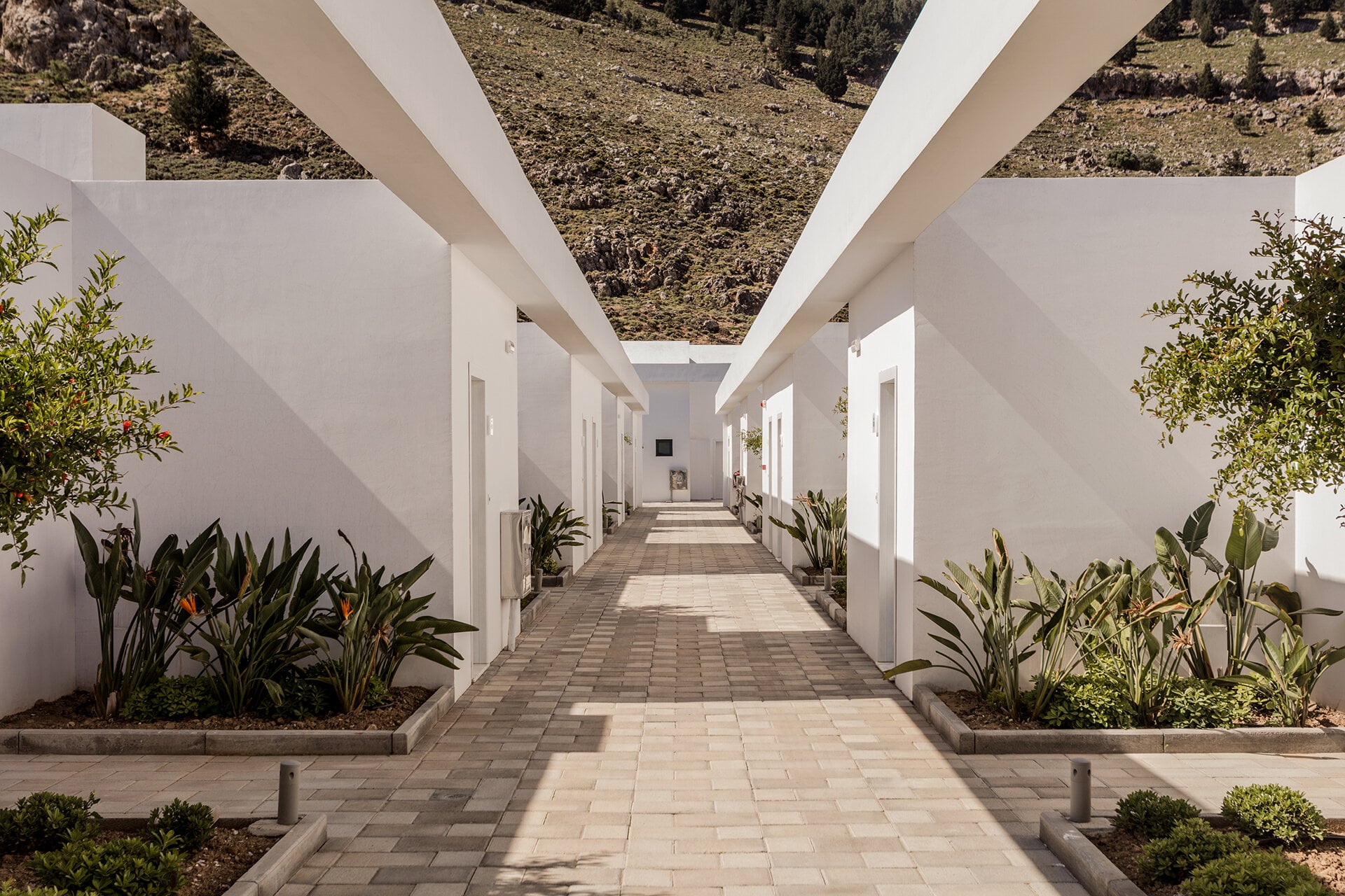 Casa Cook Rhodes, Greece — Minimalist white corridor with geometric beams, terracotta paving, and potted plants framing Mediterranean hillside views.