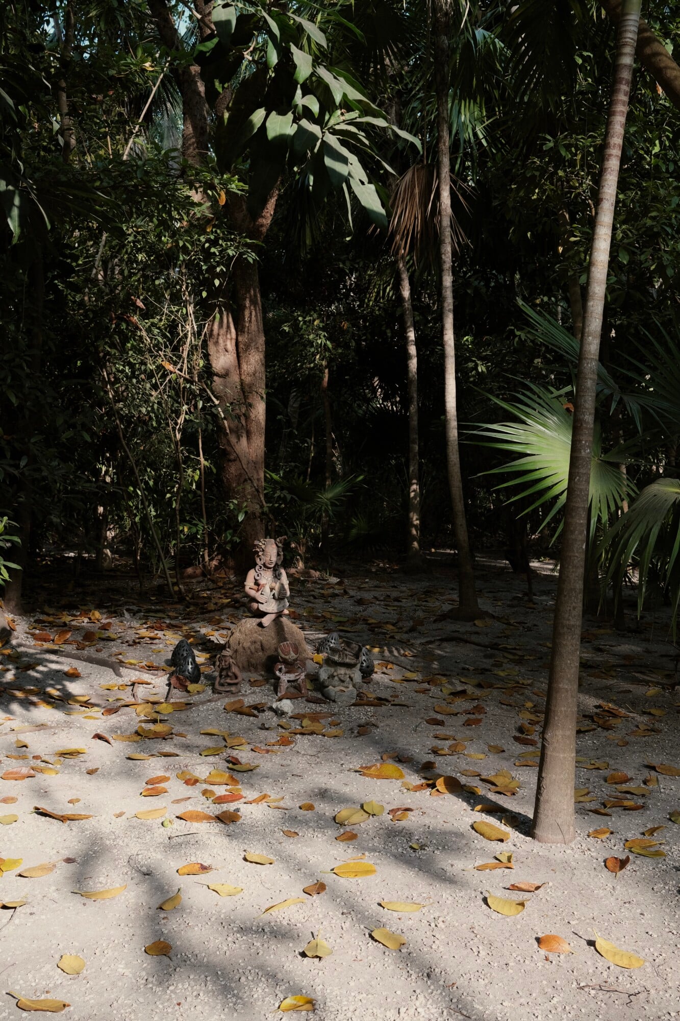 Morning Yoga, Mexico — Sandy beach clearing with stone statues among palm trees, dappled sunlight filtering through tropical canopy, fallen leaves scattered across ground.