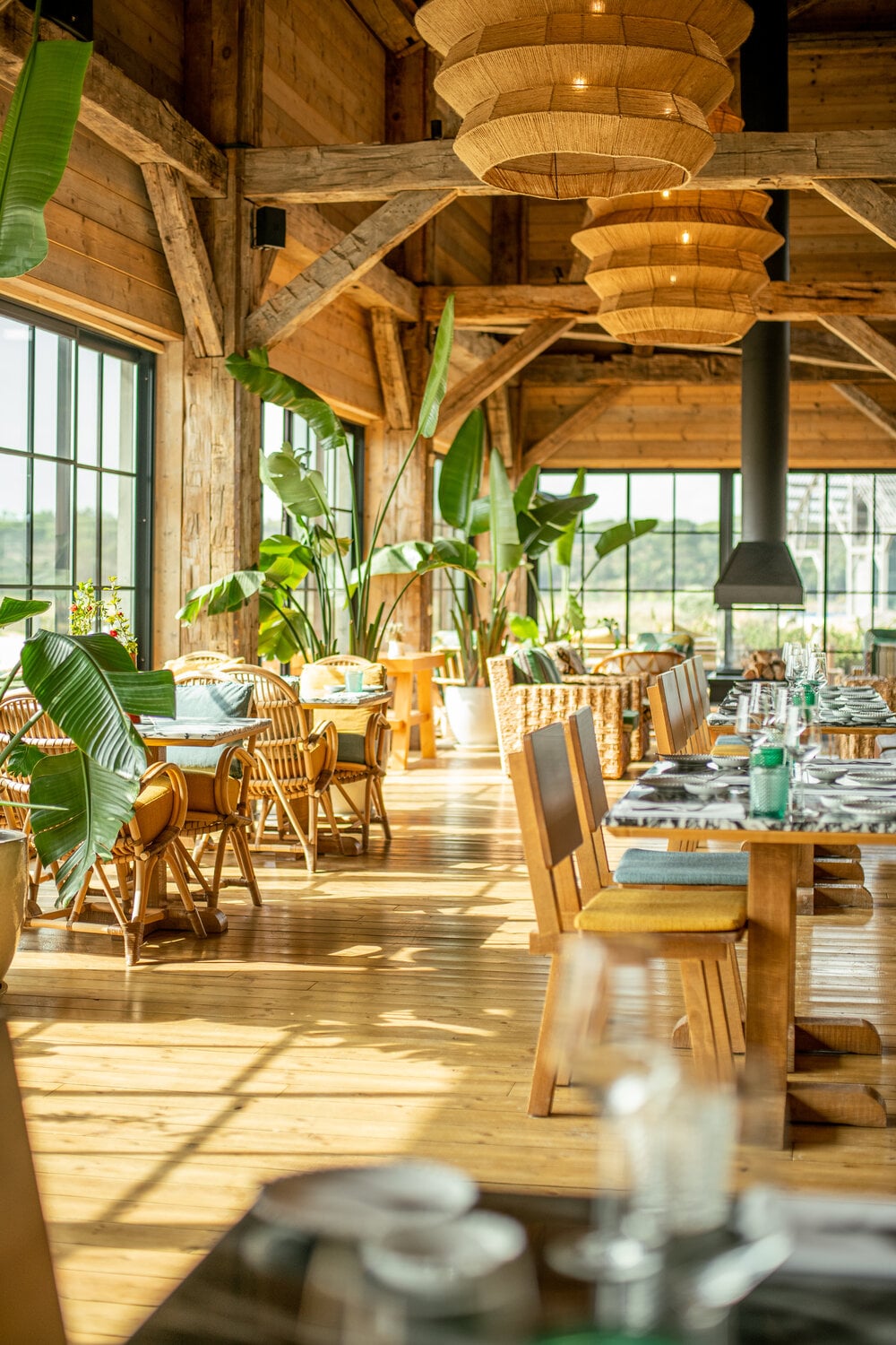Mar D’Arrozal — Mar D'Arrozal, Europe — Timber-beamed dining hall with rattan pendant lights, wooden furniture, potted plants, and expansive windows flooding warm natural light across wood flooring.
