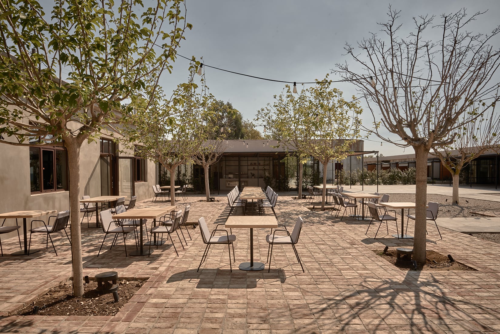 Dexamenes Seaside Hotel, Europe — Minimalist courtyard with concrete tables, metal chairs, mature trees, and modernist stone buildings under clear sunlight.