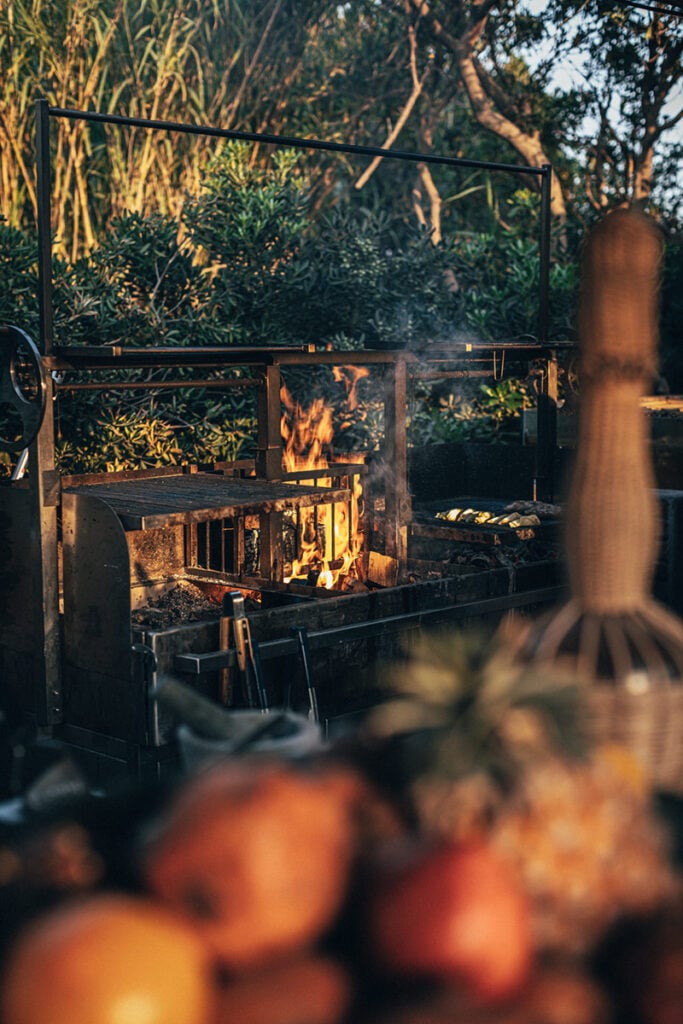 Epi 1959, Europe — Wood-fired grill with active flames at golden hour, surrounded by fresh produce and forest backdrop, rustic hospitality kitchen design.