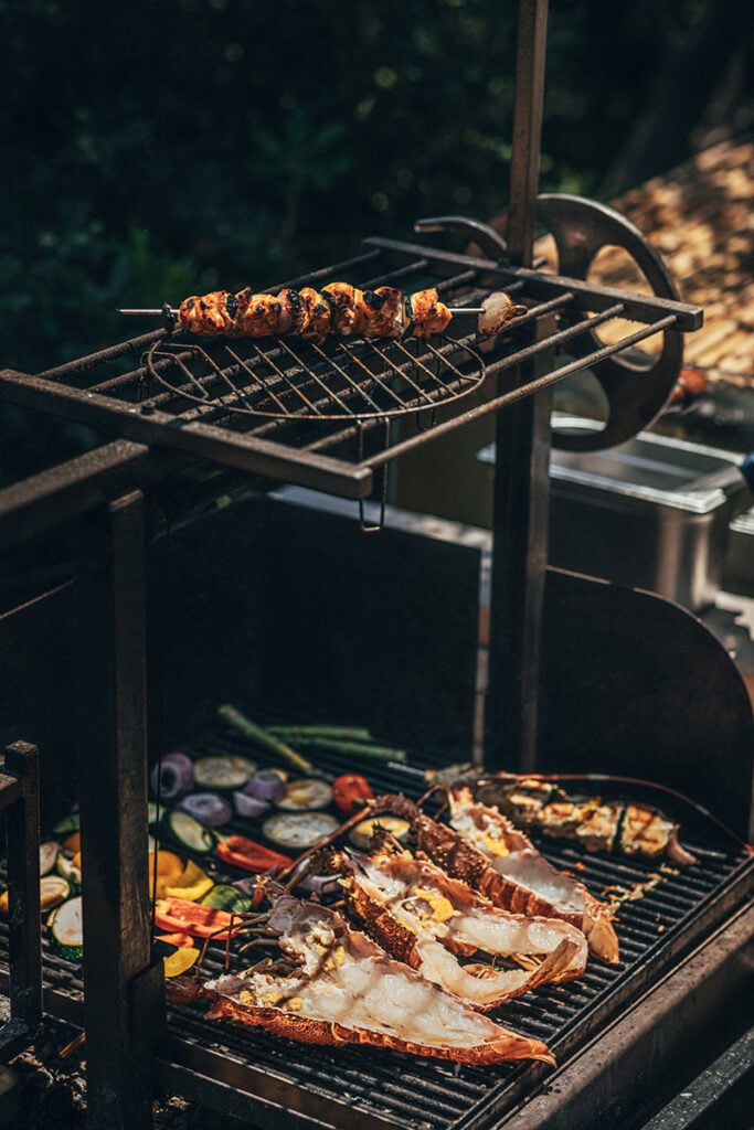 Epi 1959, Europe — Outdoor grill with skewered meat and seafood, vegetables, natural light filtering through trees, rustic metal cooking setup.