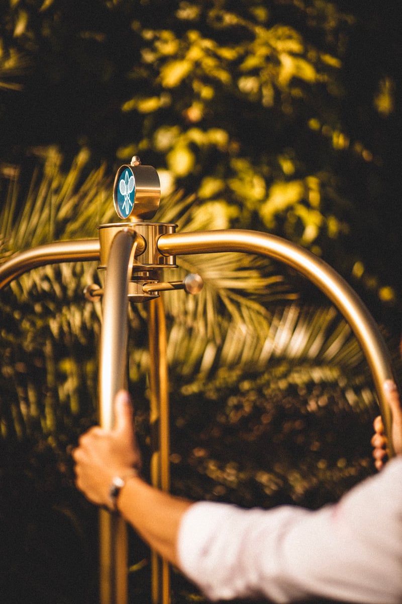 Epi 1959, Europe — Polished brass bicycle bell with blue enamel detail against golden foliage, captured in warm natural light.