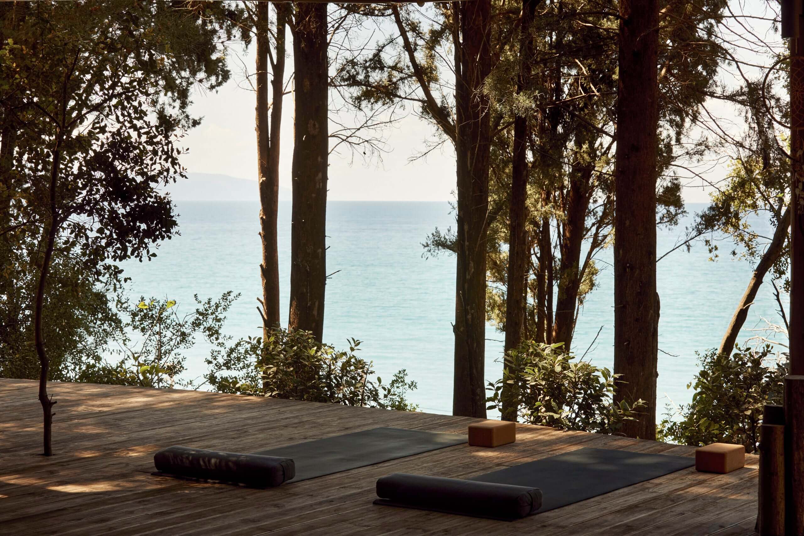 F Zeen Yoga, Europe — Wooden deck with yoga mats beneath tall trees overlooking turquoise water, dappled sunlight filtering through forest canopy.