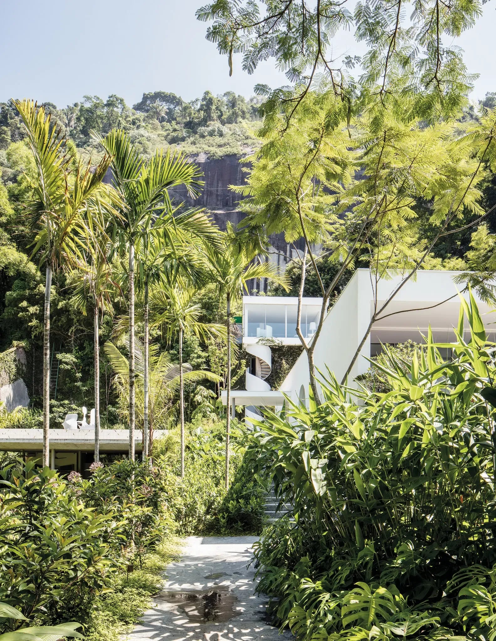 Jardim Botânico, South America — Modern white architecture nestled among lush tropical palms and greenery overlooking a river valley in dappled sunlight.