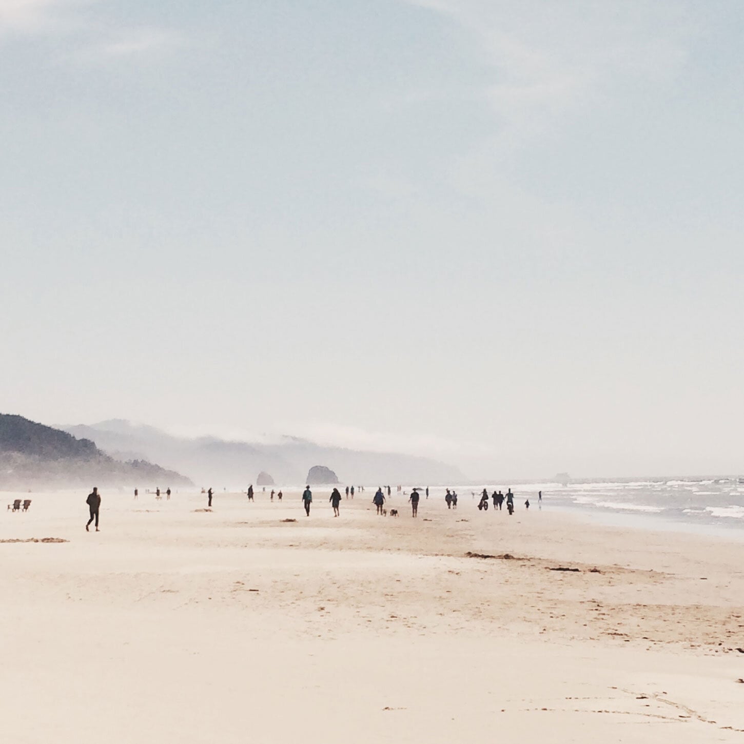 Abodu x Koto, North America — Misty beach with dispersed figures in wetsuits, golden sand, rolling waves, and fog-shrouded headland under overcast sky.