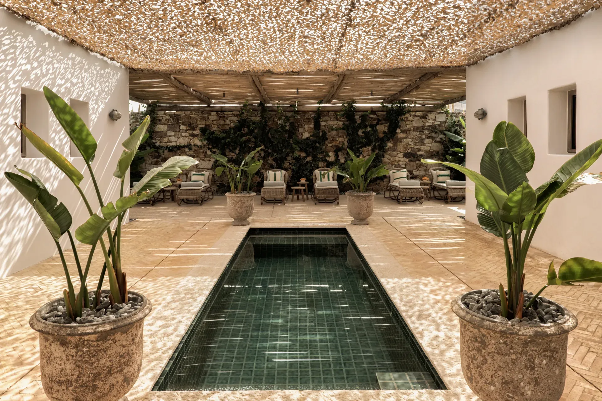 The Rooster, Europe — Courtyard with linear reflecting pool, terra cotta planters with banana plants, rustic stone walls, woven shade canopy, and lounge seating under natural light.
