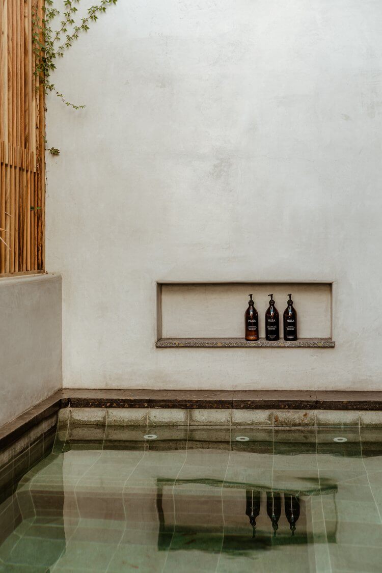 Hotelito MUSA, Mexico — Minimalist spa bathroom with sunken soaking tub, concrete walls, wooden screen with climbing ivy, and three dark glass bottles on recessed shelf.