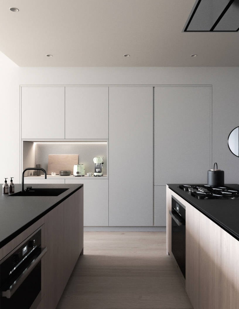 168 Plymouth, North America — Minimalist kitchen with white cabinetry, black countertops, integrated appliances, and recessed lighting creating serene luxury hospitality design.
