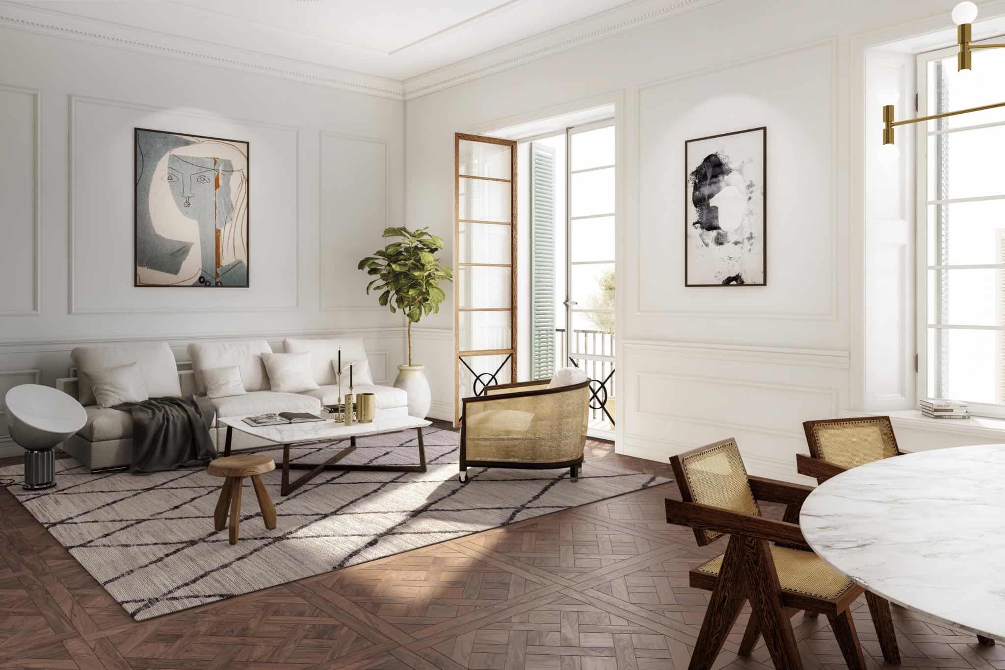 Renaissance Penthouse, Balearic Islands, Spain — Modern living room with cream sofa, herringbone wood flooring, marble dining table, brass lighting, and framed abstract art overlooking terrace.