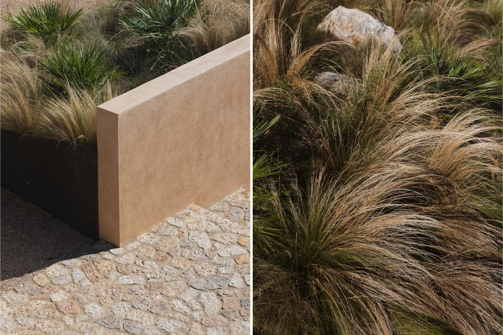 Can Gaspar, Balearic Islands — Minimalist stucco wall with ornamental grasses, limestone pathway, and natural Mediterranean landscape detail.