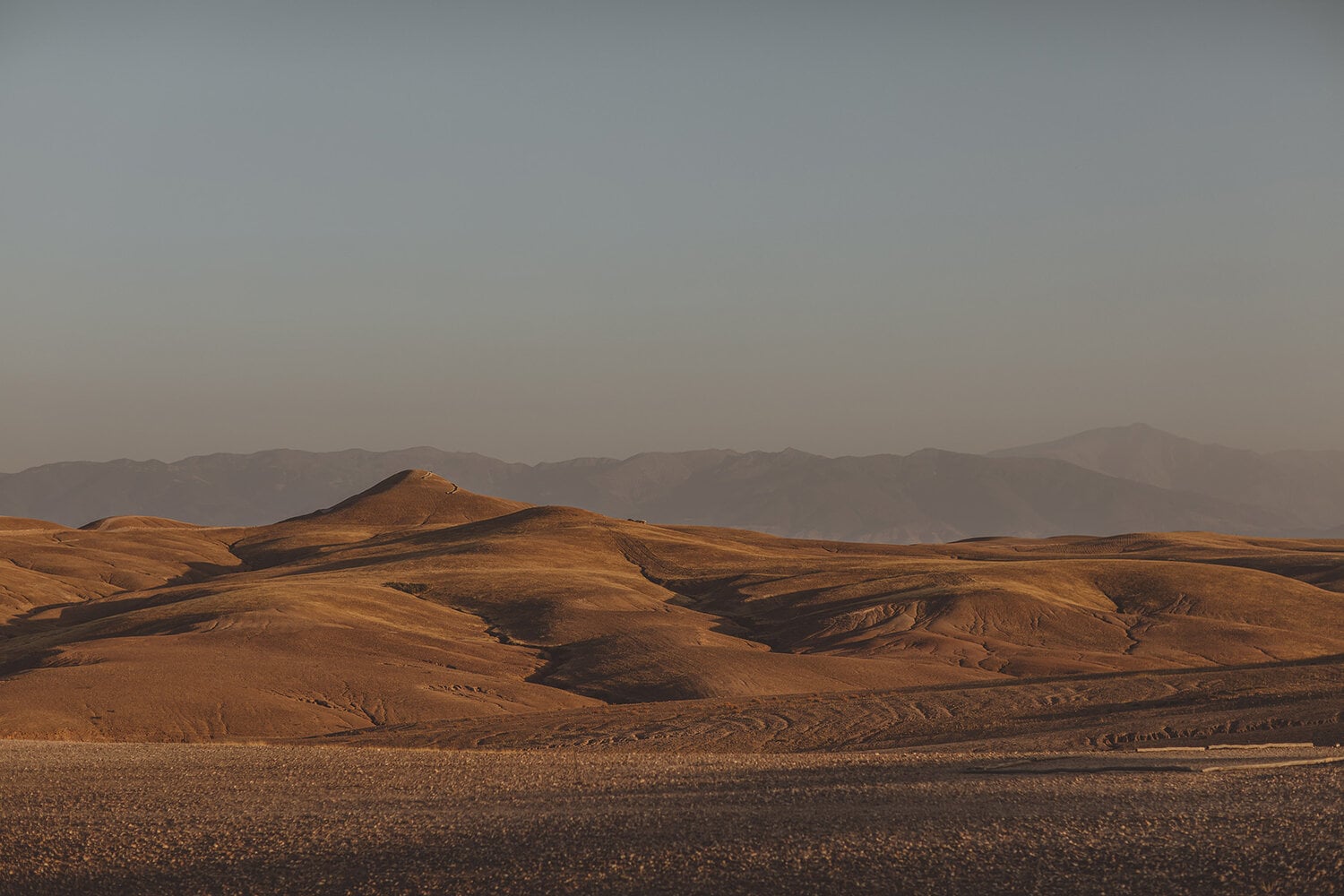 Scarabeo Camp, Africa — Layered desert hills in warm ochre tones under hazy sky, volcanic terrain with deep shadows defining sculptural ridges and valleys.