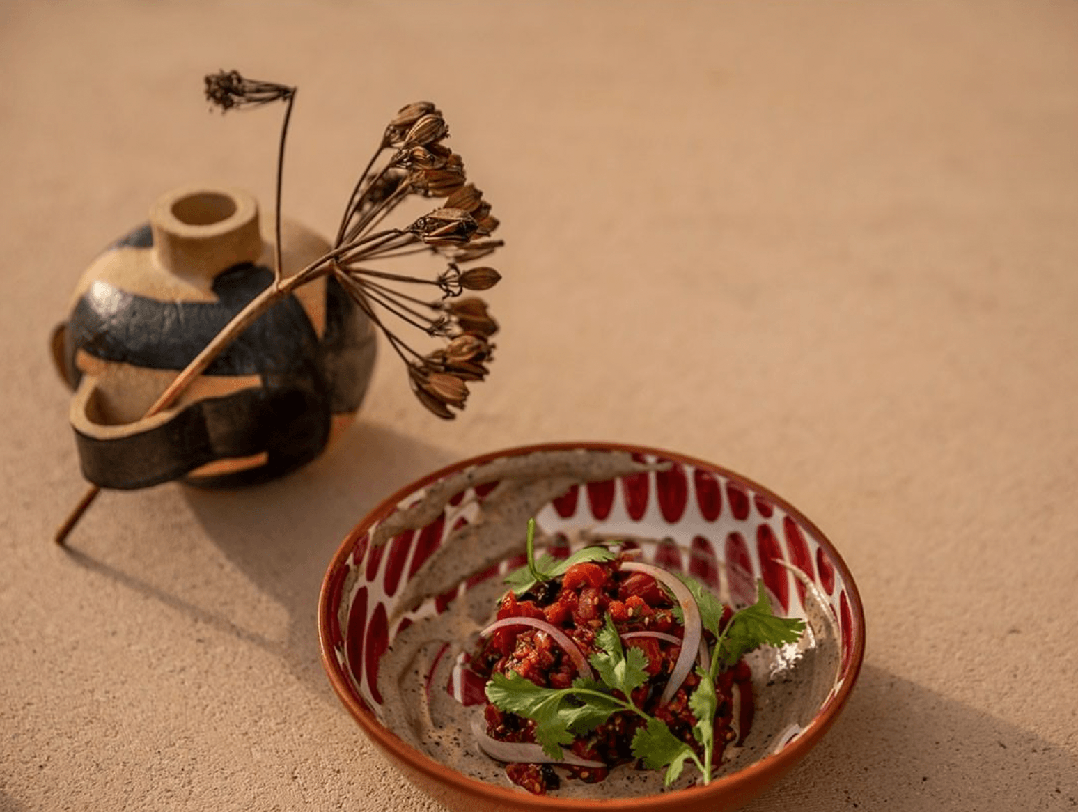 Menorca Experimental, Balearic Islands, Spain — Rustic ceramic bowl with spiced red dish, dried seed pods in sculptural vase, minimalist plating on neutral surface.