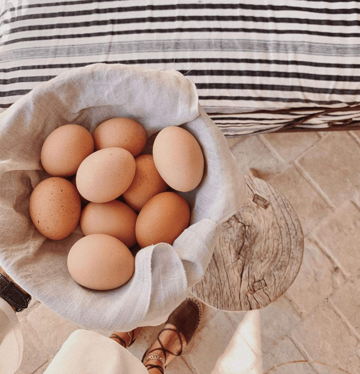 Culinary Lab, Europe — Fresh brown eggs in cream linen cloth on wooden table, warm natural light, farm-to-table aesthetic.