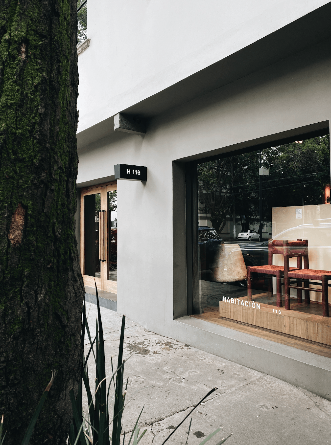 Habitacion 116, Mexico — Minimalist white storefront with dark framing, wooden interior details, ivy-covered facade, modernist architecture, natural light, urban retail design.