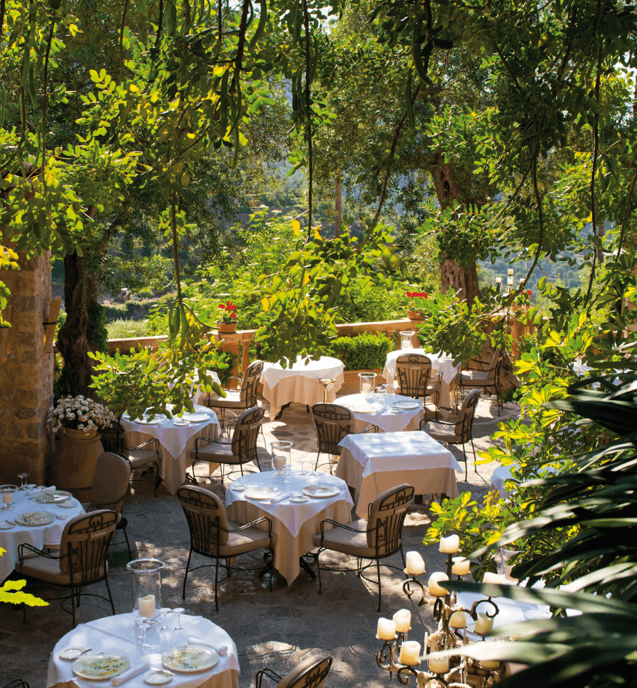 El Olivio, Balearic Islands, Spain — Dappled garden dining terrace beneath wisteria and olive trees, white-clothed tables with natural light filtering through lush green canopy.