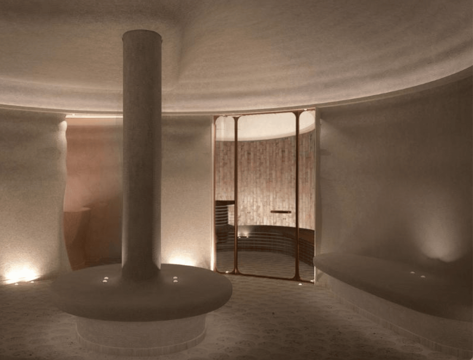 Belle Plage Spa, Europe — Minimalist spa interior with cylindrical concrete column, curved walls, warm ambient lighting, and frosted glass partition screening treatment room.