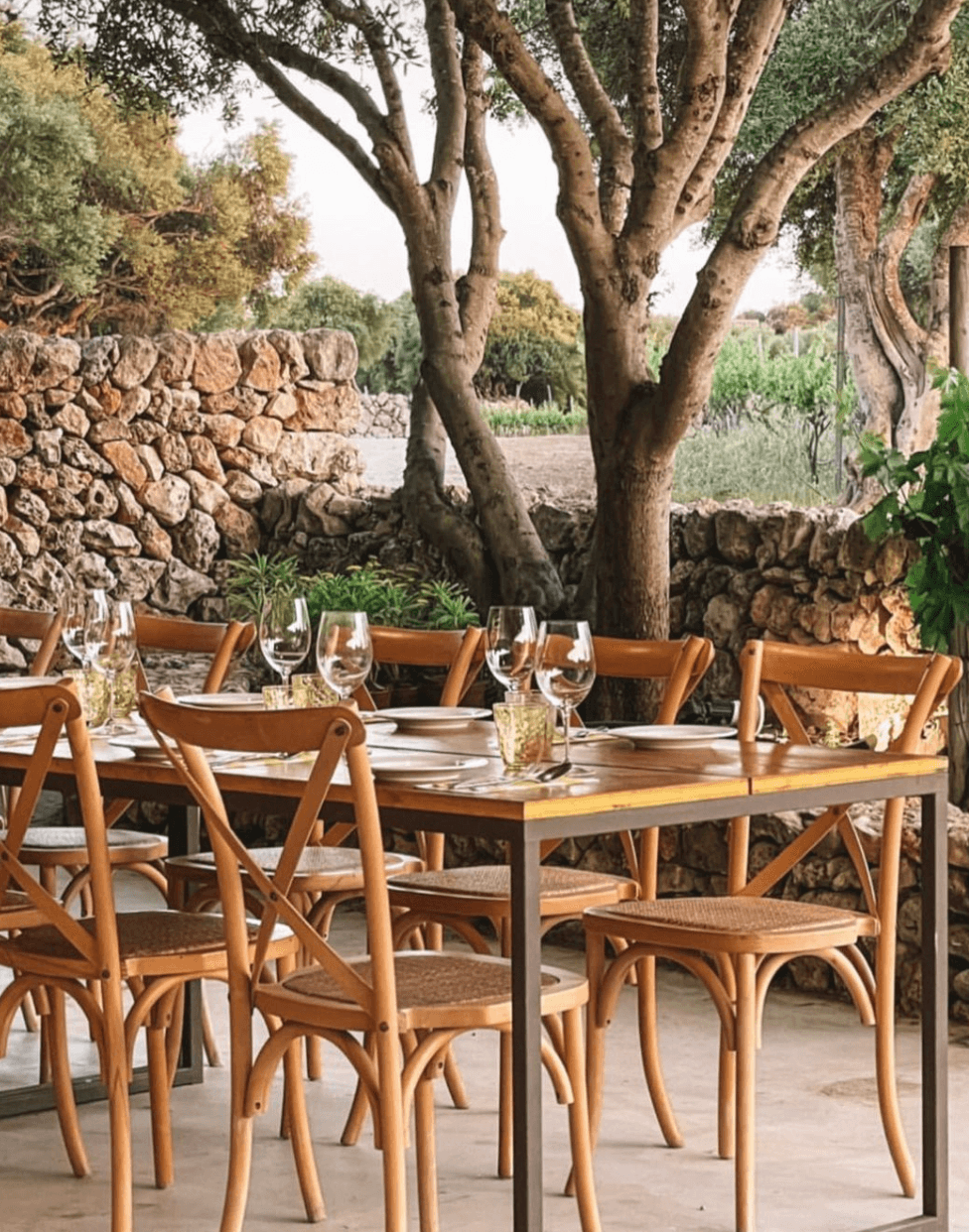 Bodegas Binifadet, Balearic Islands — outdoor dining terrace with wooden bistro chairs, stone walls, and mature olive tree providing dappled shade.