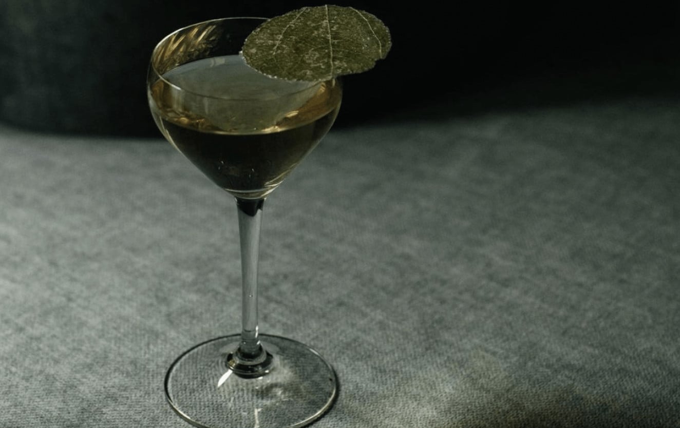 Salón Rosetta, Mexico — Pale chartreuse cocktail with dried leaf garnish in coupe glass against neutral textile backdrop, soft ambient lighting