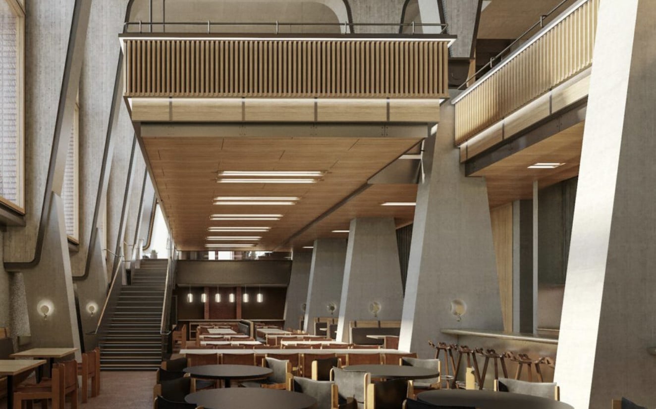 Alder, North America — Modernist dining hall with linear wood ceiling, concrete columns, steel railings, and natural light from clerestory windows.