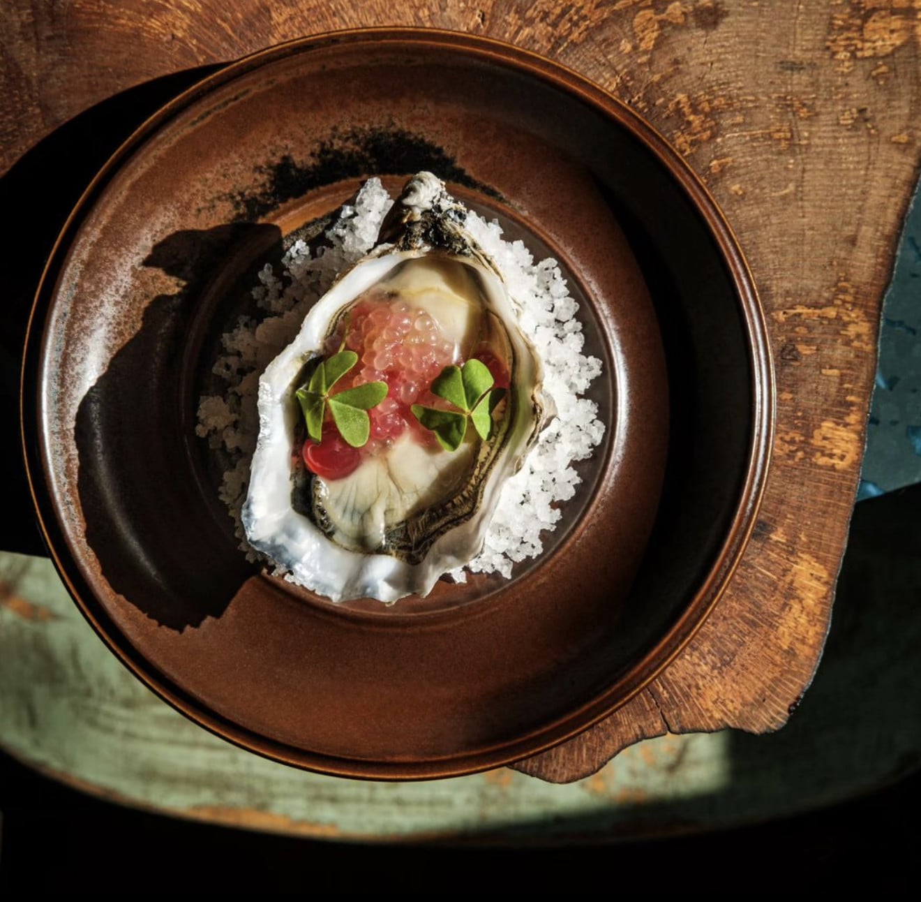 Sem, Portugal — oyster on sea salt bed with grapefruit and microgreens, copper bowl, rustic wood surface, fine dining presentation.