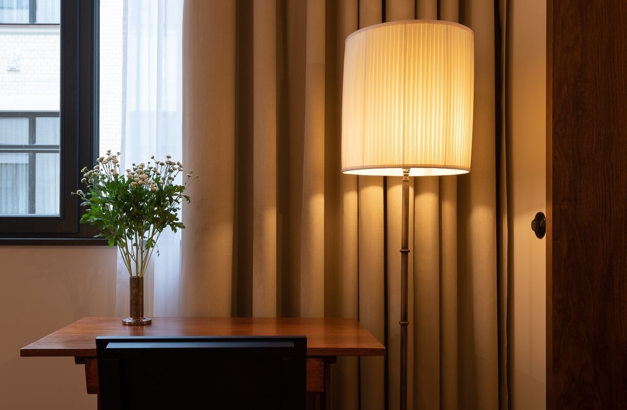Château Royal, Europe — Minimalist hotel room with warm ambient floor lamp, wood desk, fresh flowers, and layered curtains creating sophisticated luxury hospitality interior.