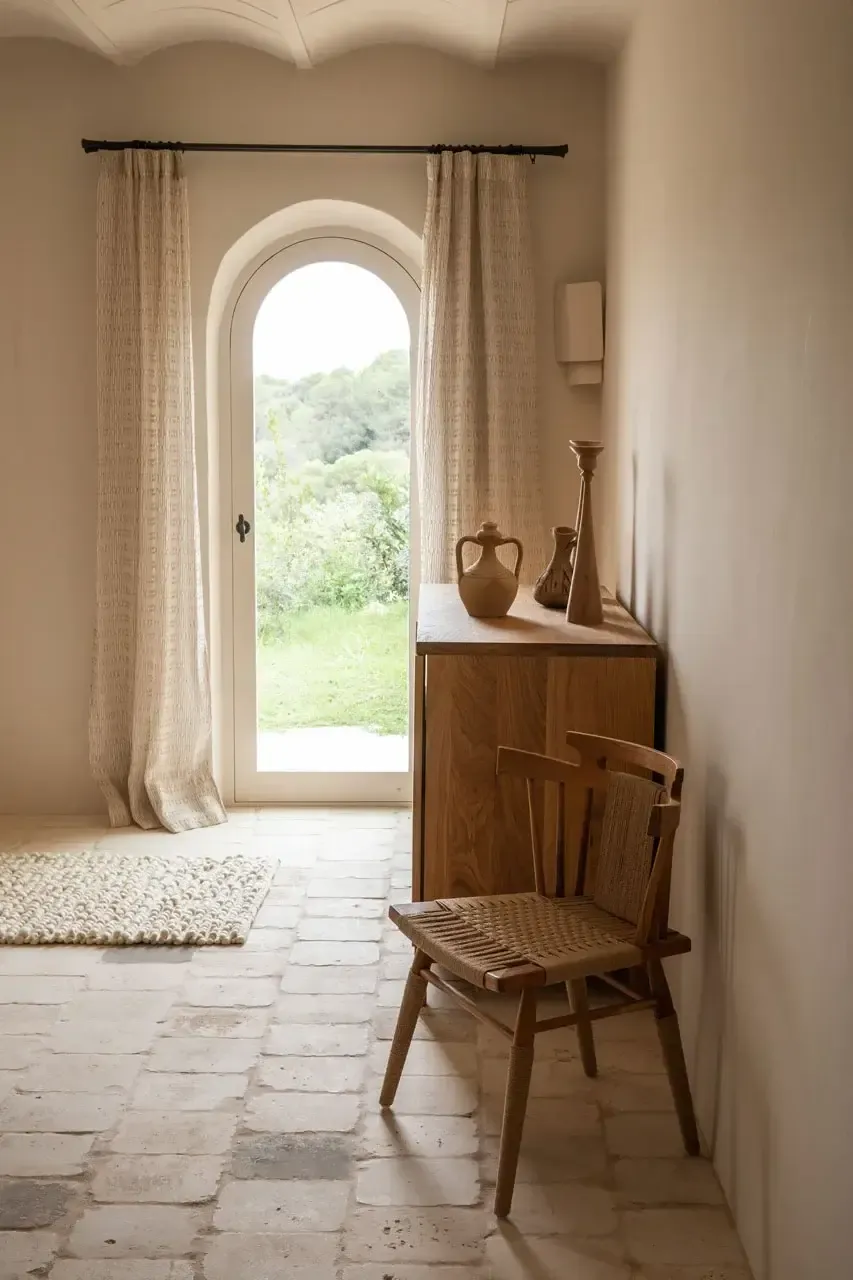Son Blanc Farmhouse, Balearic Islands, Spain — Arched doorway with linen curtains opening to hillside views, wooden chair, terra cotta vessels, stone flooring, Mediterranean minimalist interior.