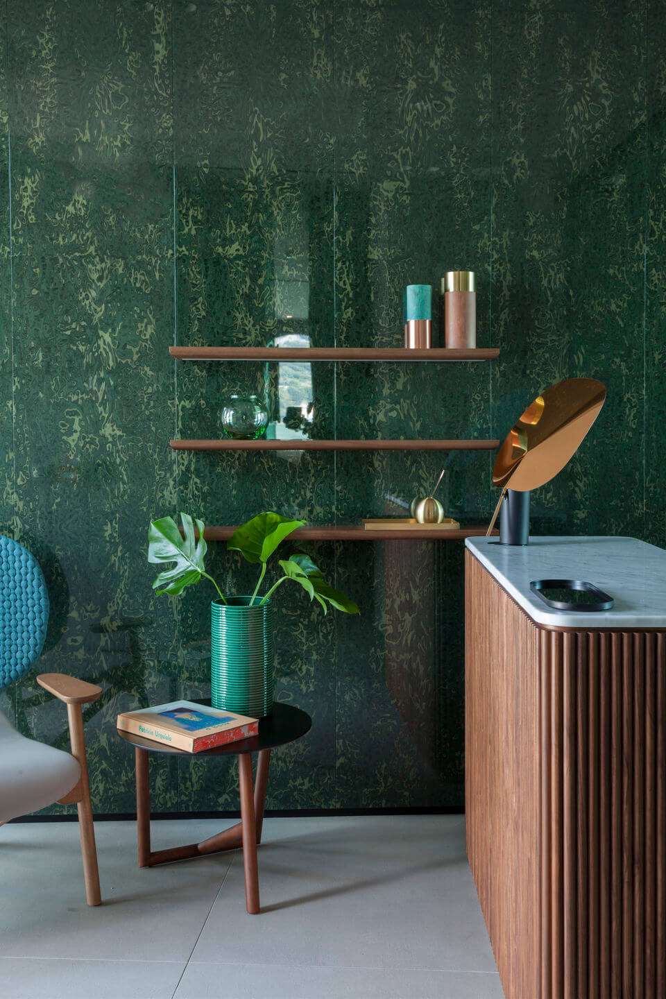 il Sereno Lago di Como, Europe — Dark green damask wallpaper, walnut floating shelves, turquoise ceramic vase with fresh plants, mid-century modern furniture, luxury hospitality interior design.